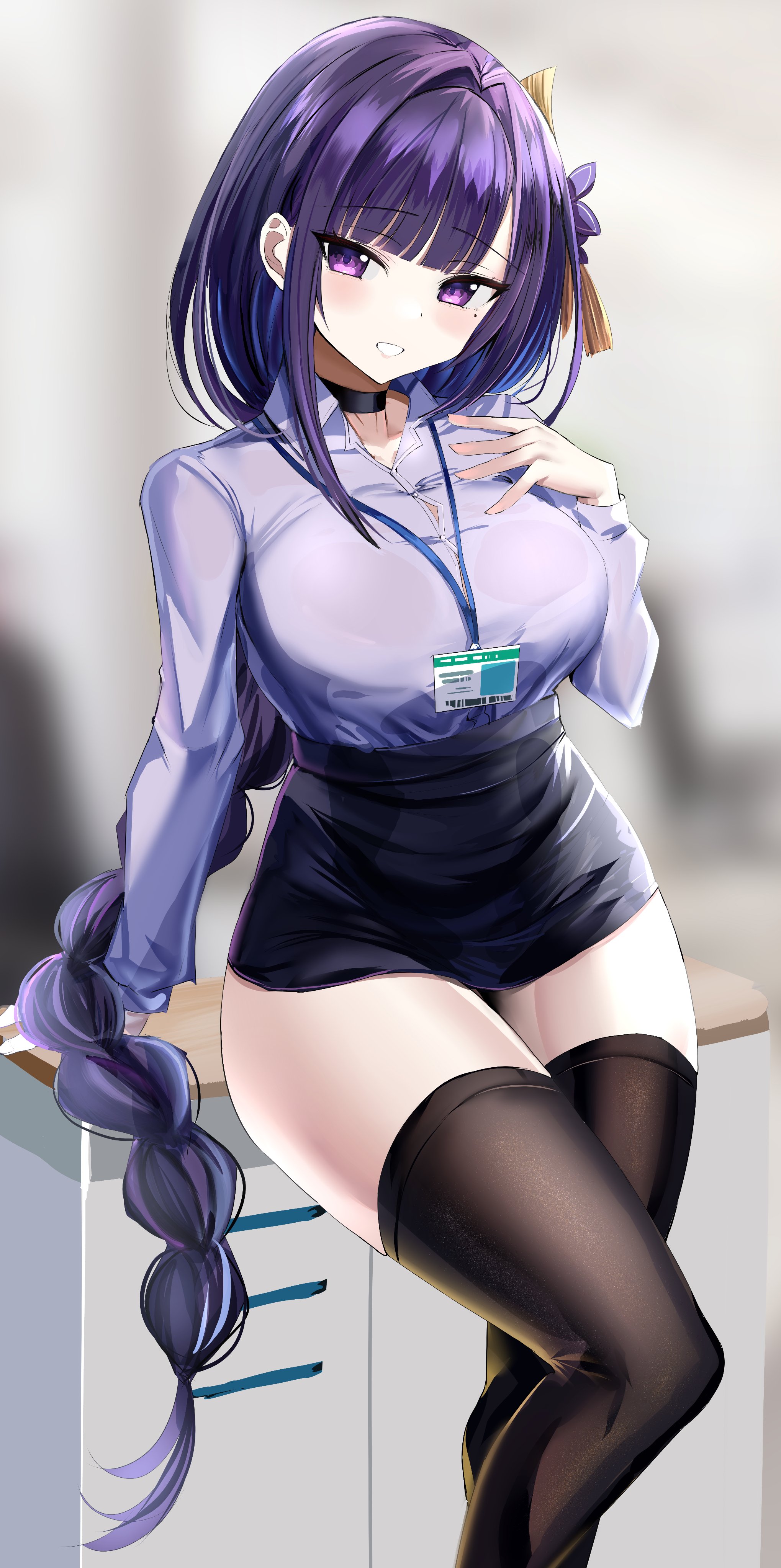 1girls, 2021, alternate version available, beauty mark, blurry background, blush, braided hair, breasts, business woman, choker, clothed female, female, female only, genshin impact, hair ornament, hanasaka houcha, highres, huge breasts, indoors, long hair, long legs, looking at viewer, mole under eye, name tag, office, office lady, purple eyes, purple hair, purple shirt, raiden shogun, shirt, short skirt, skirt, smile, thick thighs, thighs, very long hair
