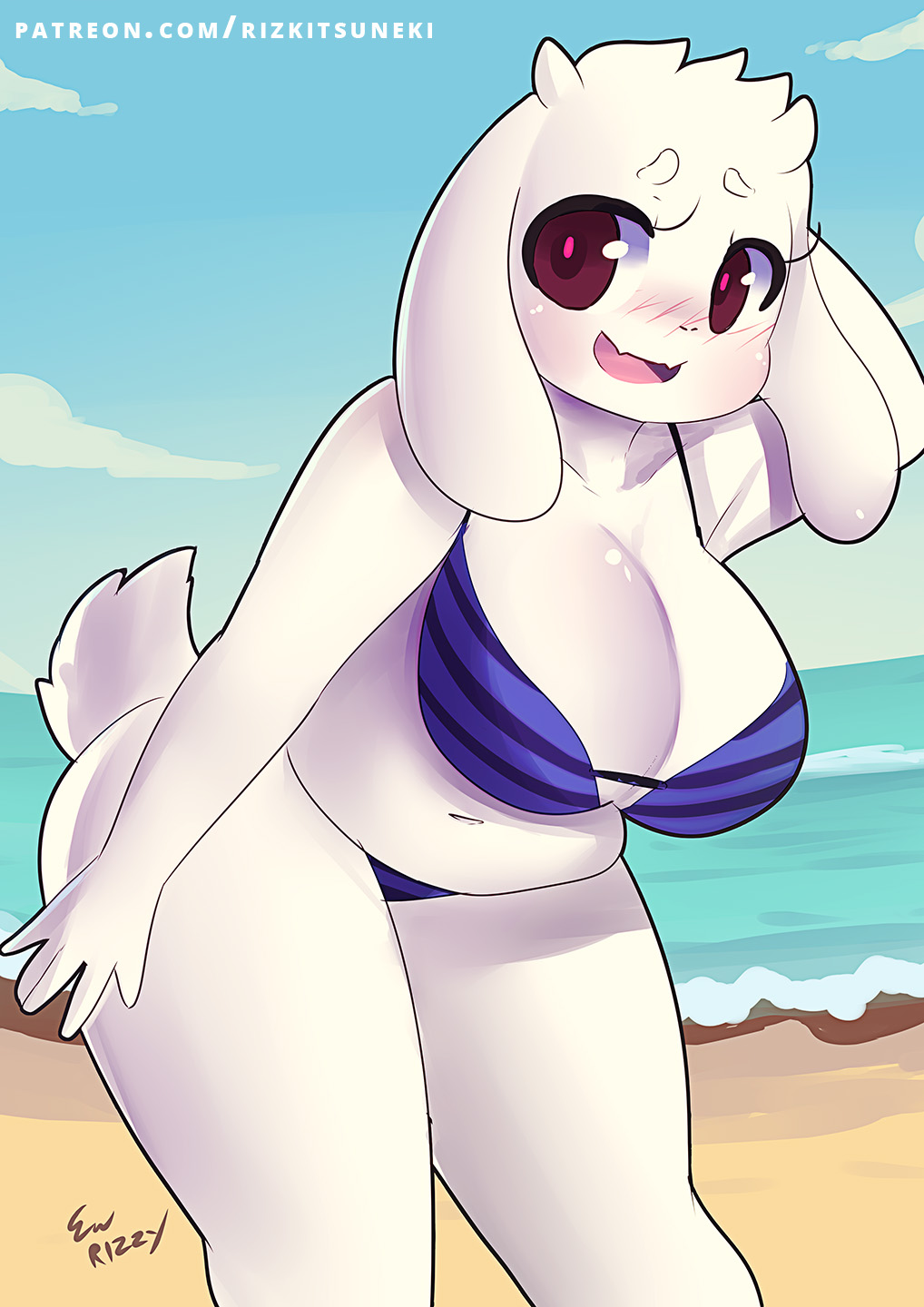 1girls anthro beach big_breasts bikini blush chubby chubby_anthro chubby_female cute_fangs embarrassed female female_only fluffy_tail glistening glistening_body horn horns miiyauwu milf open_mouth rizkitsuneki sky striped_bikini tagme thick_thighs thong toriel undertale white_fur