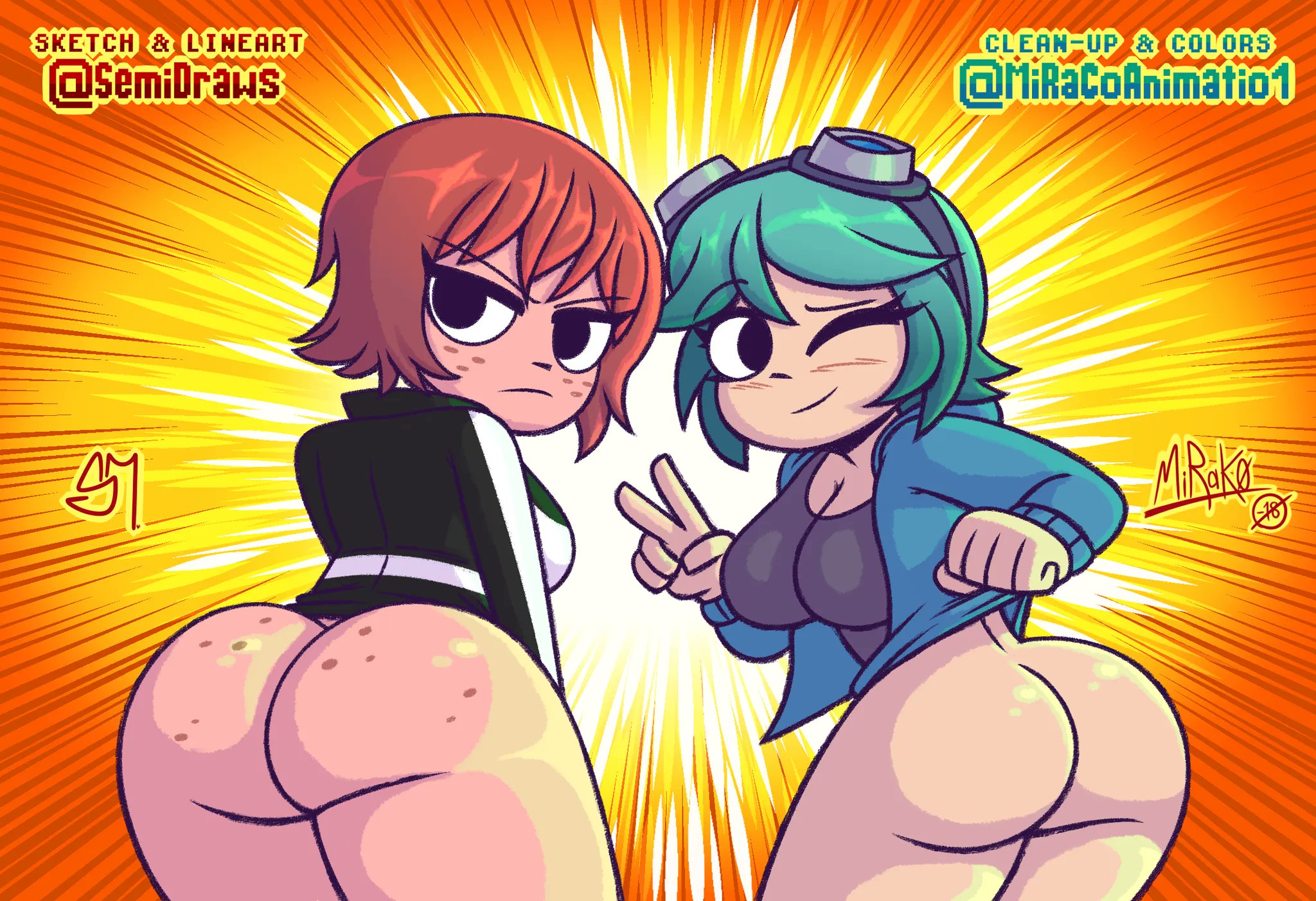 2022, 2girls, artist signature, ass, ass crack, ass freckles, back, back view, big ass, black eyes, blue hair, blush, bottomless, butt crack, casual, clothing, collaboration, dimples of venus, eyewear, female, female focus, female only, freckles, from behind, goggles, goggles on head, human, kim pine, mirako, mostly clothed, multiple females, multiple girls, no panties, outerwear, pale skin, ramona flowers, red hair, scott pilgrim, semidraws, sweater, topwear, v sign, wink, winking