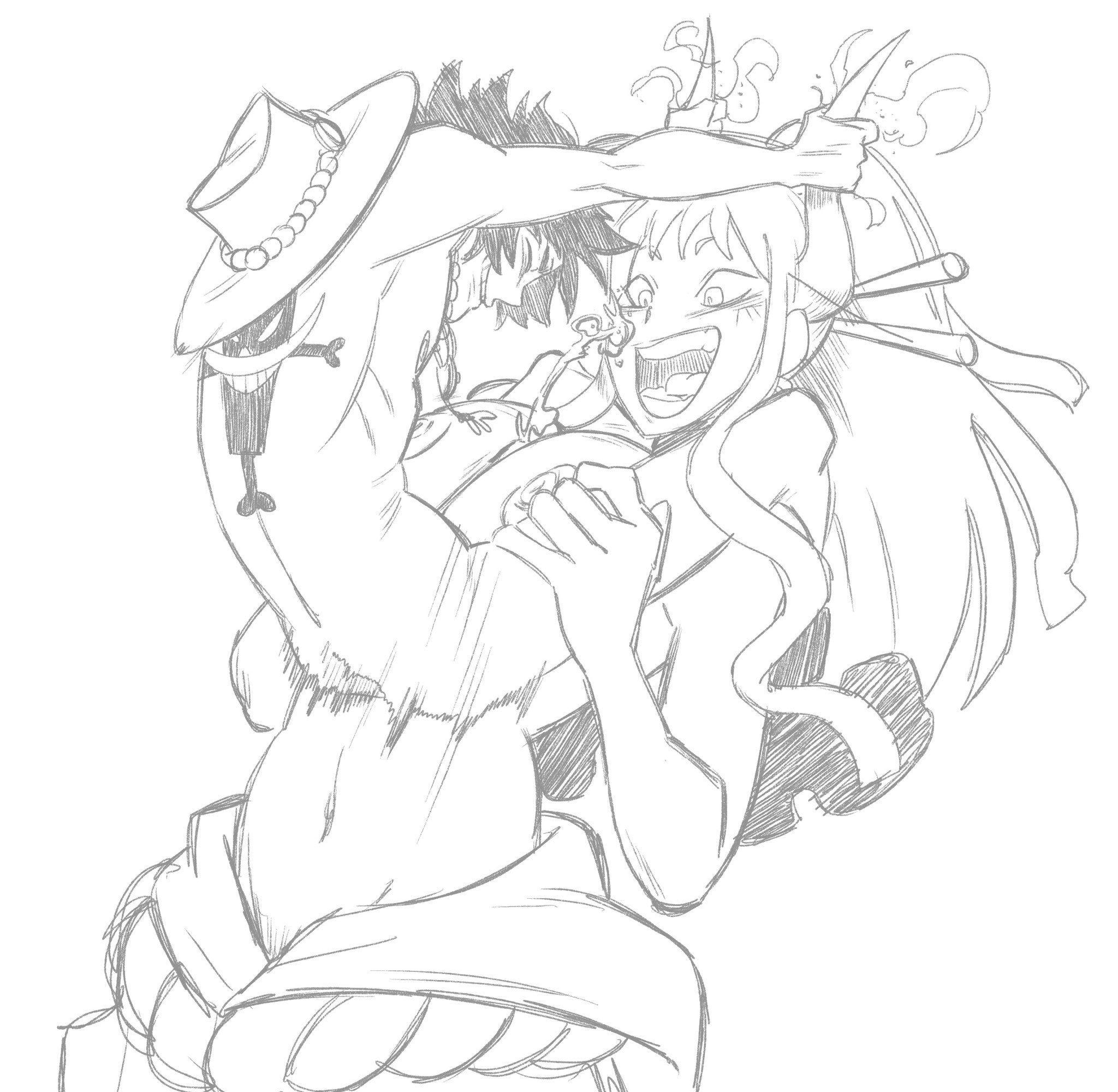 1boy, 1girls, black and white, breasts, cumshot, female, grabbing horns, henshintiger, horns, male, monochrome, one piece, outercourse, paizuri, portgas d ace, size difference, yamato (one piece)
