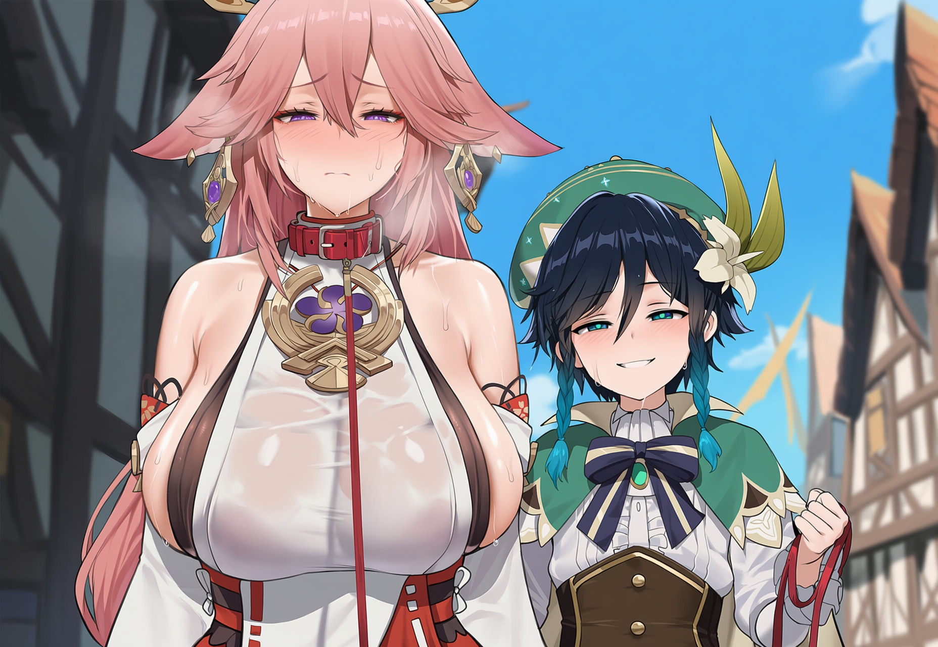 1boy, 1girls, ai generated, big breasts, collar, eeveai, femboy, genshin impact, pink hair, tagme, venti (genshin impact), yae miko
