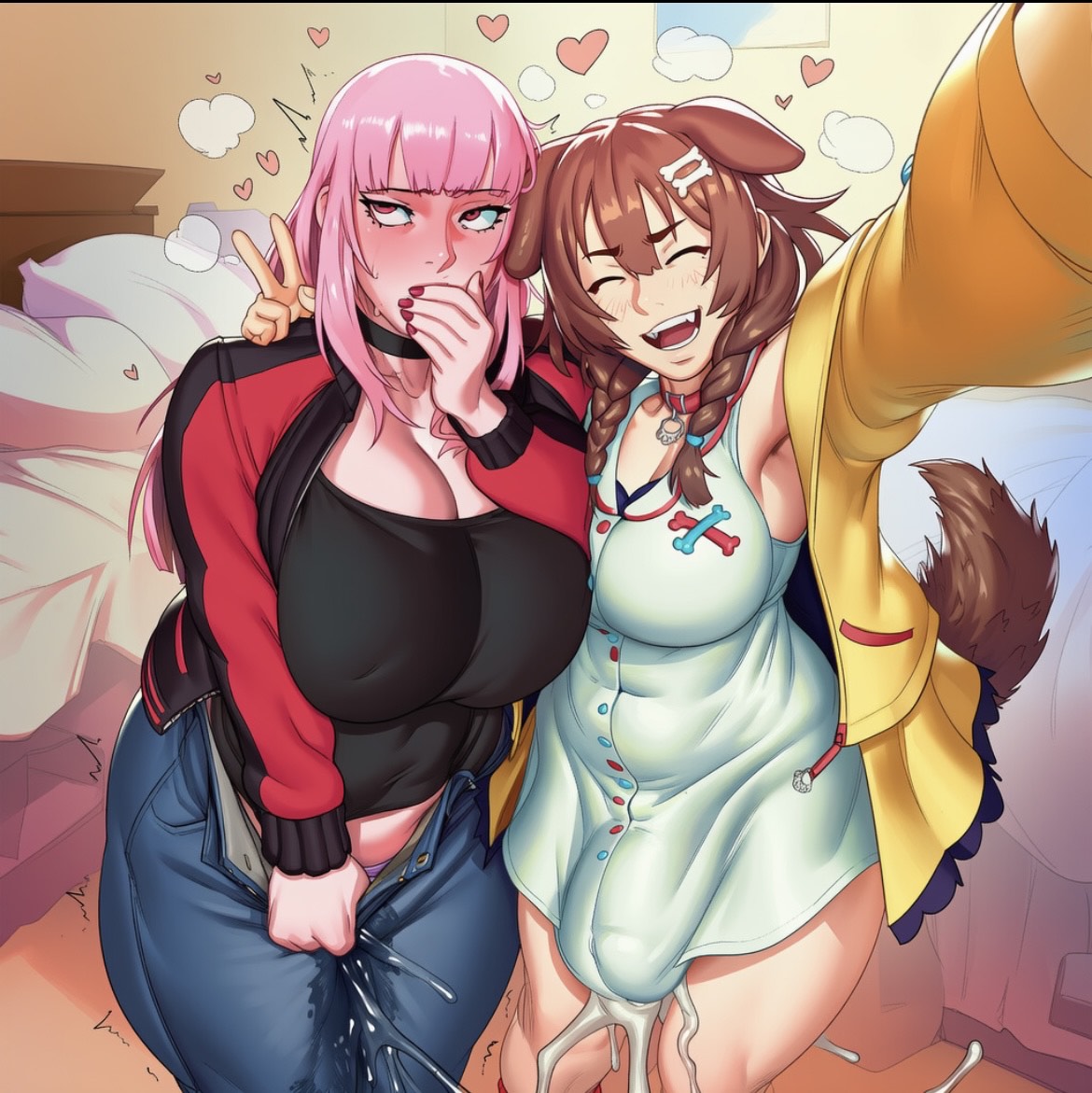 1futa, 2d, 2girls, ai generated, animal ears, ass, balls, bed, big breasts, big cock, big penis, blunt bangs, blush, bone hair ornament, braid, breasts, brown hair, bulge, bulge through clothing, bulge under clothes, choker, cleavage, closed eyes, cock, collar, cosplay, covered nipples, cum, cum drip, cum in clothes, cum leak, cumdrip, denim, dog ears, dog girl, dog tail, dress, ejaculation, embarrassed, erection, erection under clothes, female, futa with female, futa/female, futanari, hair ornament, hololive, hololive english, hololive japan, hololive myth, huge breasts, huge cock, inugami korone, inugami korone (1st costume), jacket, jeans, large breasts, large cock, large penis, large thighs, long hair, low twin braids, mori calliope, multiple girls, onilapper, open clothes, open jacket, open mouth, panties, pants, penis, penis bulge, pink eyes, pink hair, pink panties, pussy juice, pussy juice drip, rolling eyes, selfie, tail, testicles, thick cock, thick penis, thick thighs, thighs, twin braids, underwear, v, v sign, virtual youtuber, white dress