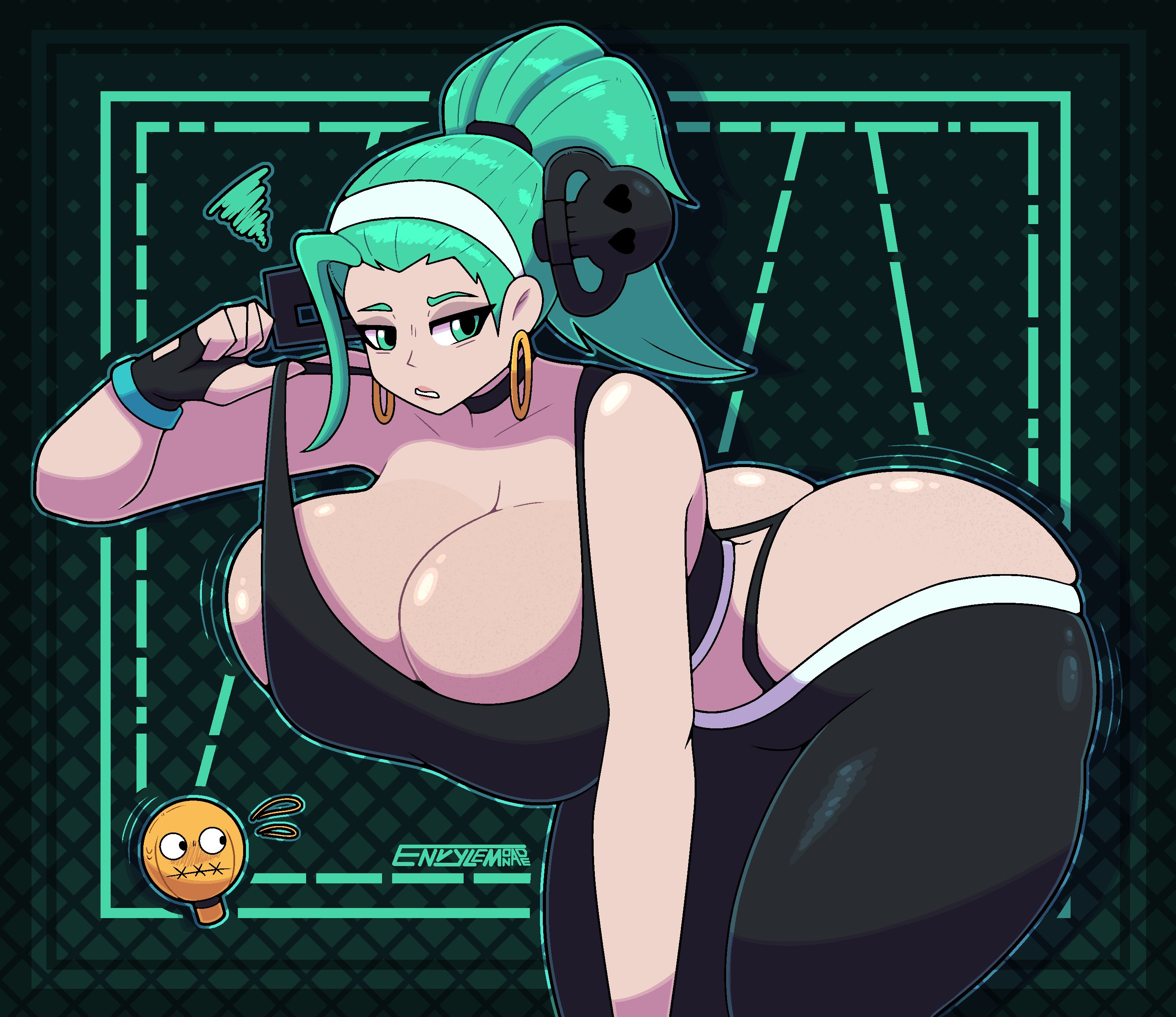 1girls, a.b.a, ass, bare shoulders, bent over, big ass, big breasts, breasts, cleavage, earrings, envylemonade, female, female only, fingerless gloves, green eyes, green hair, guilty gear, guilty gear strive, huge breasts, jewelry, looking at viewer, pants, paracelsus, ponytail, sports bikini, sports bra, sports uniform, sportswear, thick thighs, thighs, underwear, visible panties, wide hip, wide hips, workout