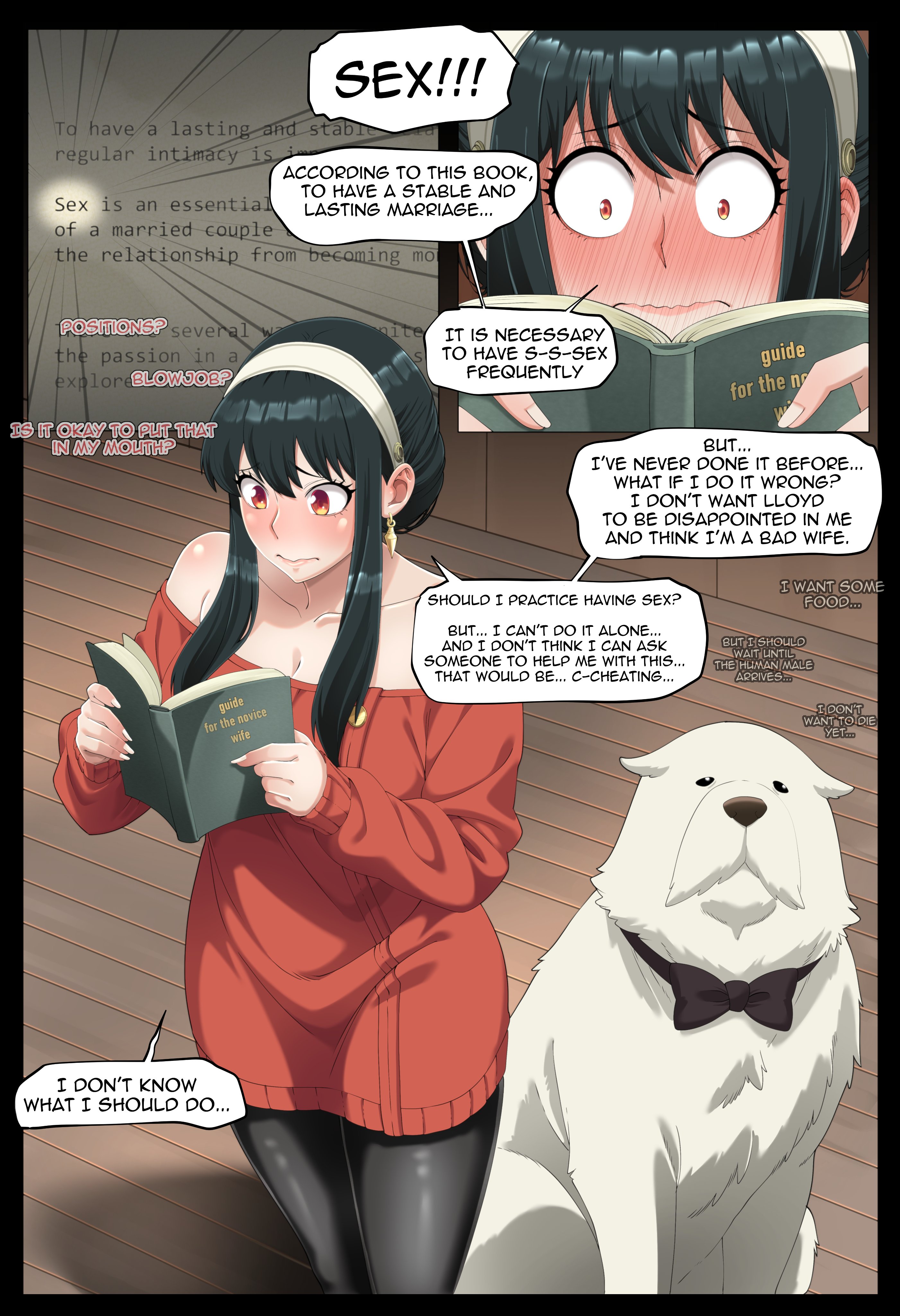2d, alternate version available, black hair, blush, blushing, blushing profusely, bond (spy x family), canine, canine on human, clothing, comic, domestic dog, eyeliner, female human/male feral, female on feral, feral, feral on female, feral on human, human female, human on feral, imminent bestiality, imminent sex, manual, mascara, pale-skinned female, prayxsin, reading, shocked, spy x family, story, taizoohen, text, wide eyed, yor briar, yor forger, zoophilia