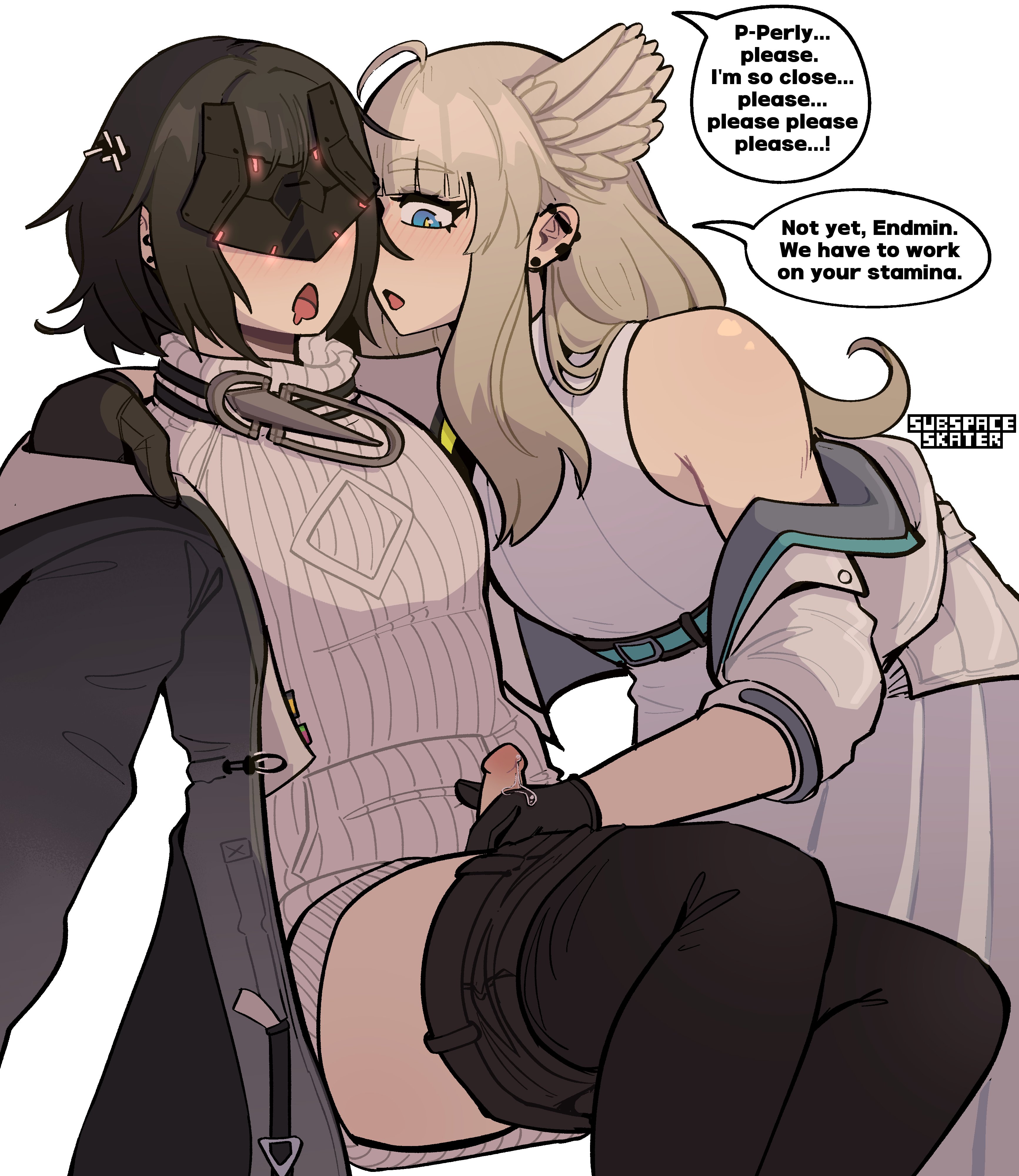 1futa, 1futa1girl, 1girl, arknights, arknights: endfield, begging, begging to cum, clothed, cum denial, denial, edging, endministrator (arknights: endfield), female, female endministrator (arknights: endfield), femdom, futanari, futasub, leaking precum, masturbating other, orgasm denial, penis, perlica (arknights: endfield), pulling down pants, small penis, subspaceskater, text, watermark