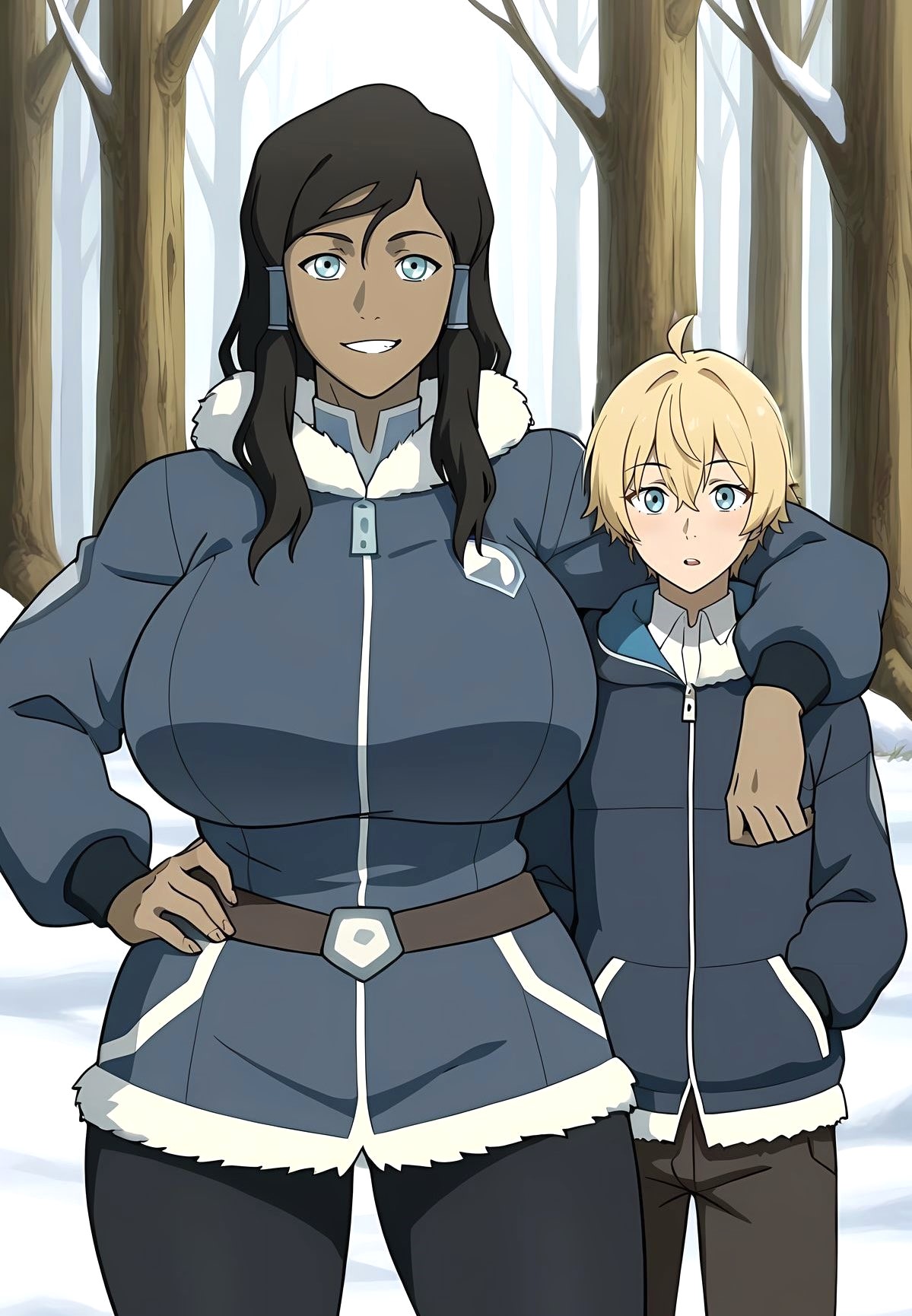 1boy, 1girl, ai generated, arm around shoulders, avatar the last airbender, ayyaai, black hair, blonde hair, blue clothing, blue coat, blue eyes, breasts, dark skin, dark-skinned female, female, forest, forest background, fully clothed, fully clothed female, fully clothed male, fur-trimmed coat, hand in pocket, hand on own hip, huge breasts, implied interracial, korra, light skin, light-skinned male, looking at viewer, mature, mature female, milf, nature, open mouth, outdoors, smile, snow, the legend of korra, winter, winter clothes, winter coat, zipper