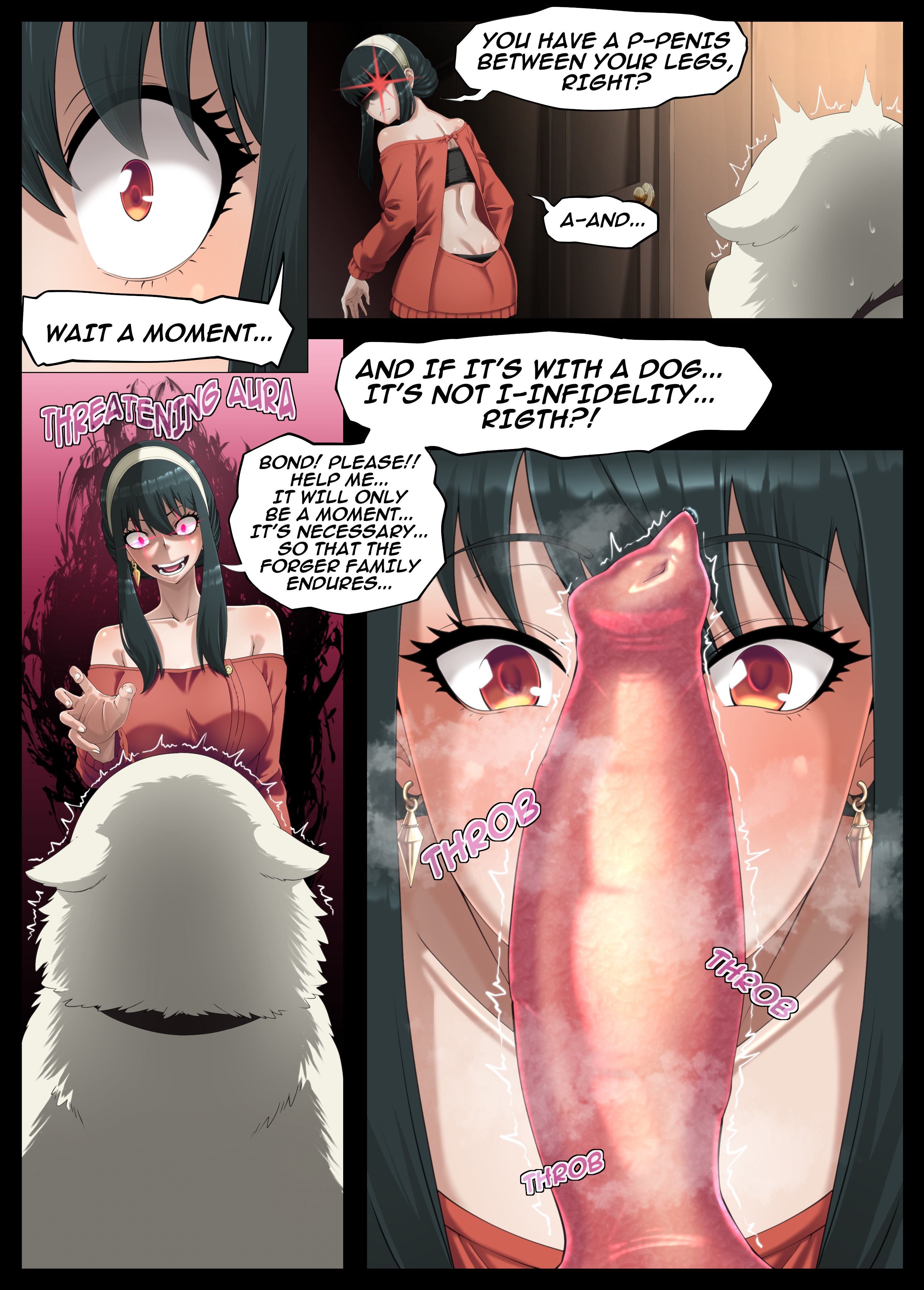 2d, black hair, bond (spy x family), canine, canine on human, canine penis, clothing, comic, domestic dog, eyeliner, female human/male feral, female on feral, feral, feral on female, feral on human, feral pov, glowing eyes, human female, human on feral, imminent bestiality, imminent oral, mascara, pale-skinned female, penis awe, pov, prayxsin, red eyes, spy x family, story, taizoohen, temptation, text, throbbing penis, wide eyed, yor briar, yor forger, zoophilia