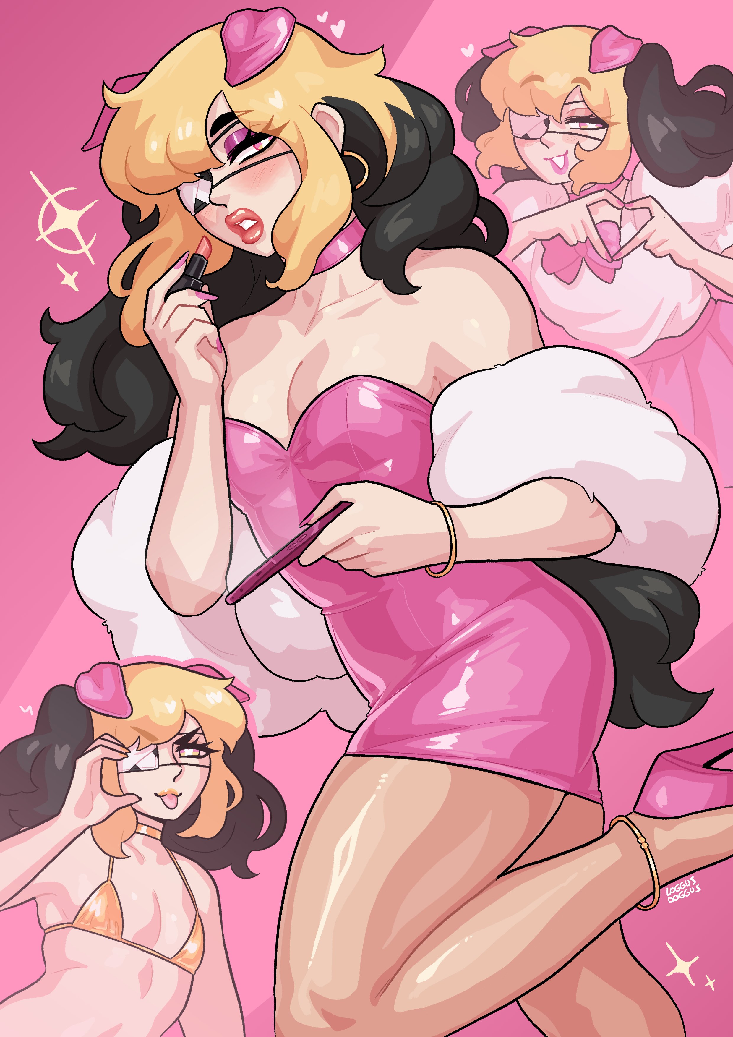 1boy, artist self-insert, bent leg, bikini, black hair, blep, blonde hair, blush, choker, crossdressing, dog boy, dog ears, dress, eyelashes, eyepatch, femboy, girly, heart hands, heels, lipstick, log dog character, loggus doggus, long hair, looking at viewer, male, male only, narrowed eyes, pantyhose, pink dress, pink eyes, pink eyeshadow, pink lipstick, red lipstick, smiling, smiling at viewer, solo, thick thighs, two-tone hair, very high resolution