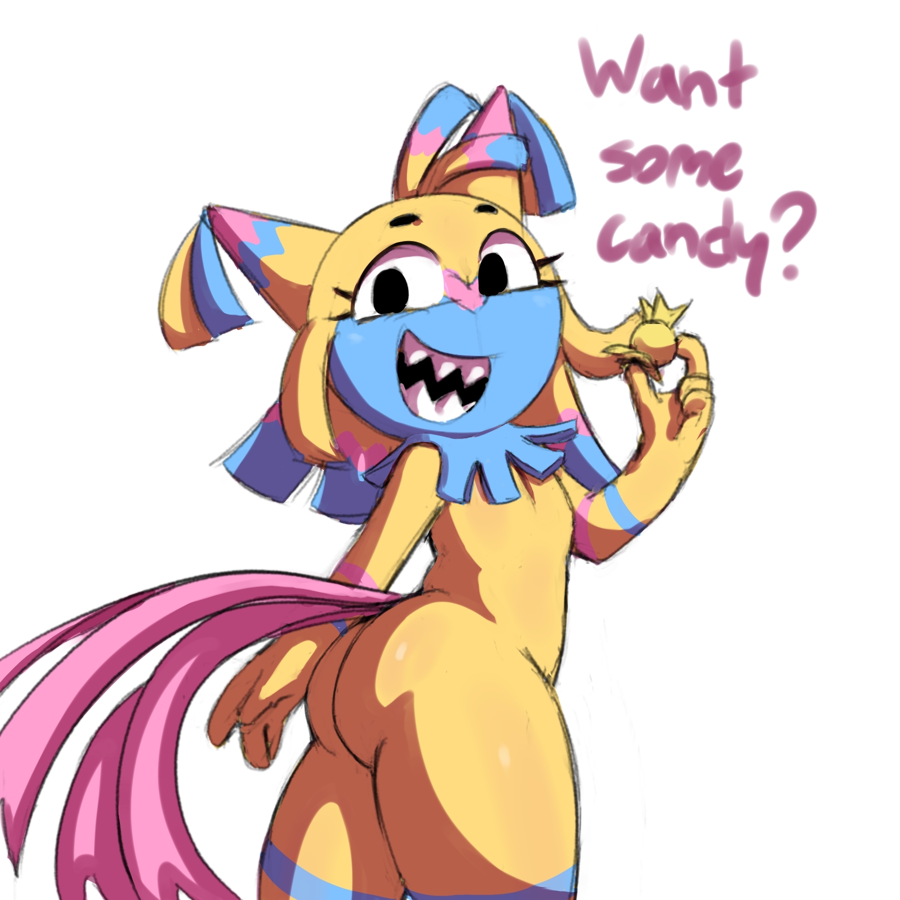 1female, 1girl, 1girls, 2026, 2026s, 2d, 2d (artwork), 2d artwork, animate inanimate, ass, big ass, big butt, black eyes, blue body, blue fur, blushcrunch studio, booty, bubble ass, bubble butt, butt, candy, dandy's world, dandys world, dat ass, dat butt, dialogue, digital art, digital drawing, digital drawing (artwork), digital media, digital media (artwork), digital painting, digital painting (artwork), english dialogue, english text, eyebrows, eyelashes, fat ass, fat butt, female, female focus, female only, flat chest, food, fur, furry, furry female, hair, highres, holding candy, holding food, huge ass, huge butt, large ass, large butt, looking at viewer, looking back, looking back at viewer, multi tail, multicolored body, multicolored fur, open mouth, pinata, pink body, pink fur, pink ribbon, pink tail, pink tails, ribbon, ribbons, roblox, roblox game, sharp teeth, sillytypefella, simple background, smile, smiling, smiling at viewer, solo, solo female, solo focus, suggestive, tagme, tail, tails, teeth, text, thick, thick ass, thick butt, thick thighs, thighs, toon, video games, wide hips, yatta (dandy's world), yellow body, yellow fur, yellow skin