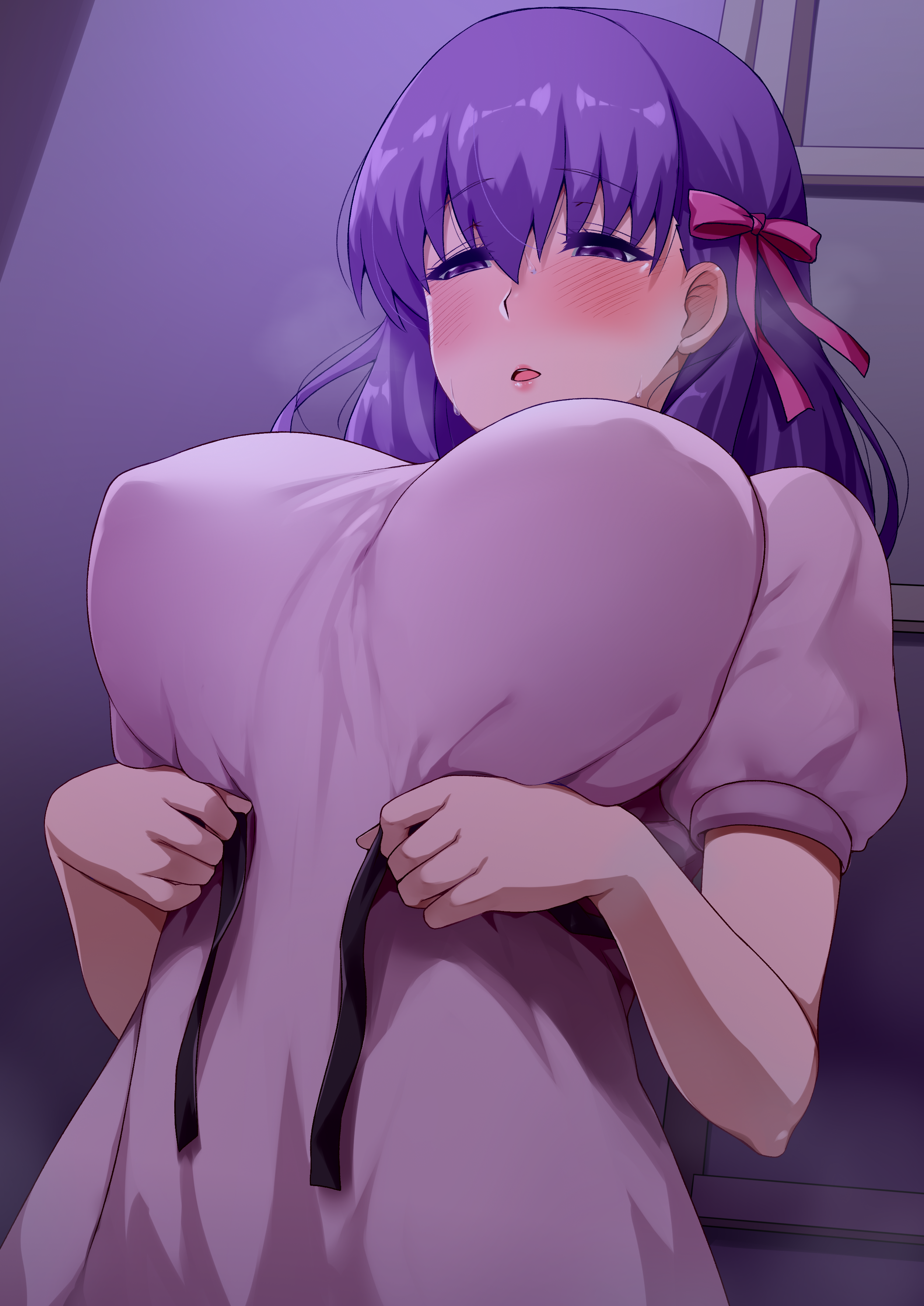 1girls, aroused, blush, breasts, clothed, clothing, darkmaya, dress, erect nipples, erect nipples under clothes, fate (series), fate/stay night, female, female only, hair ribbon, heaven's feel, heavy breathing, hi res, high resolution, highres, indoors, large breasts, light skin, light-skinned female, long hair, matou sakura, naughty face, png, purple eyes, purple hair, sakura matou, tohsaka rin, undressing
