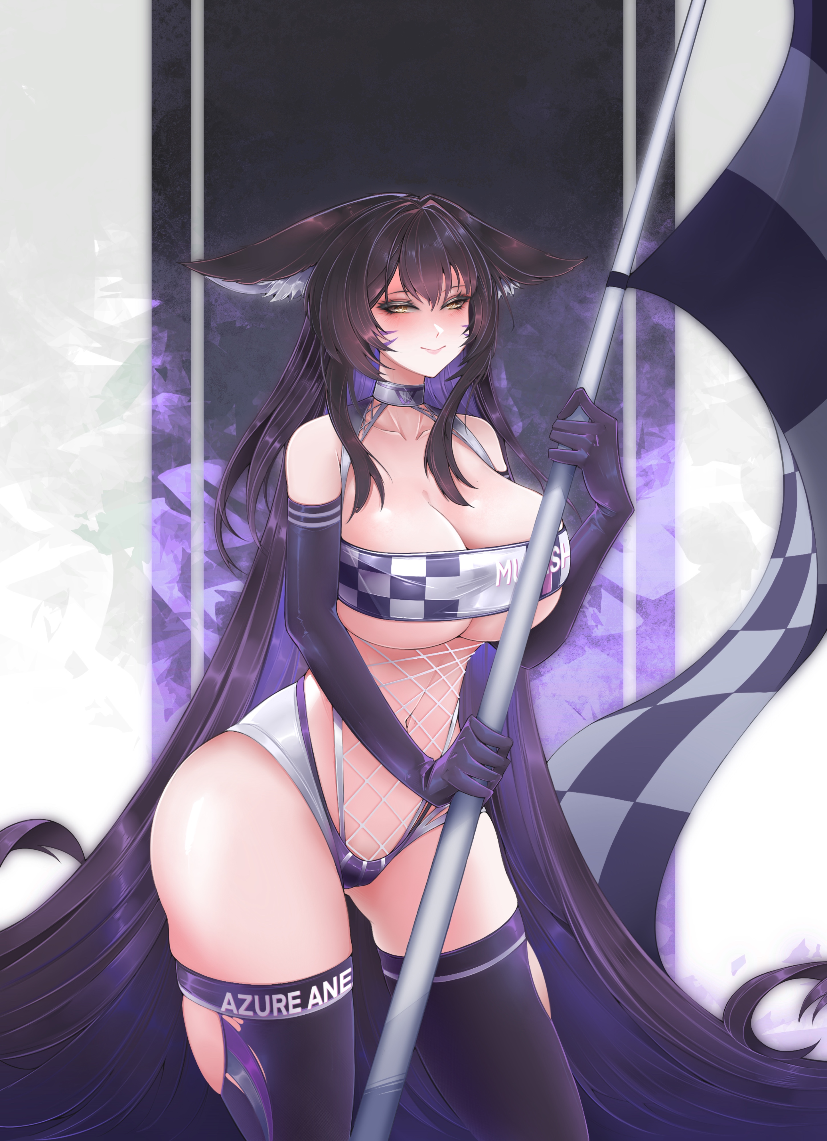 1girls, alluring, animal ears, azur lane, breasts, checkered flag, cleavage, cute, dark purple hair, droopy ears, facial markings, fishnet bodysuit, flag, fox ears, gloves, half-closed eyes, inner ear fluff, inner hair, kitsune, large breasts, long hair, musashi (azur lane), navel, purple hair, race queen, solo, solo female, thick thighs, thong, torn clothes, tummy, unknown artist, very long hair, wide hips