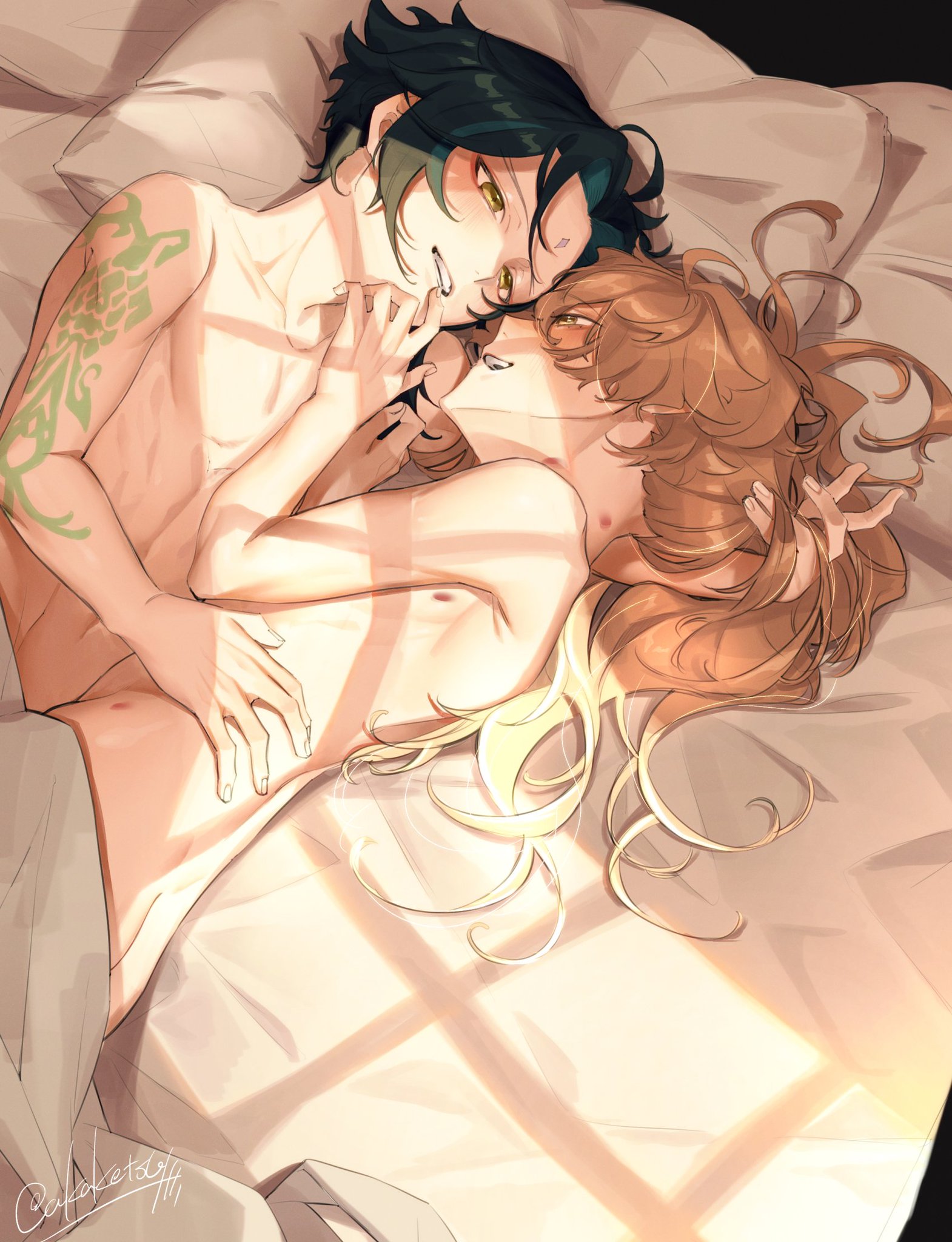 aether (genshin impact), androgynous, artist request, gay, genshin impact, male, male only, morning, xiao (genshin impact), yaoi