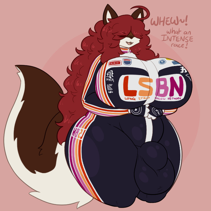 1futa, anthro, big breasts, big penis, bodysuit, breasts, clothed, clothing, flaccid, fully clothed, furry, futa only, futanari, huge breasts, huge cock, lesbian pride colors, maple (mexifurfoof), mexifurfoof, penis, racing suit, solo, tagme, thick thighs, wide hips