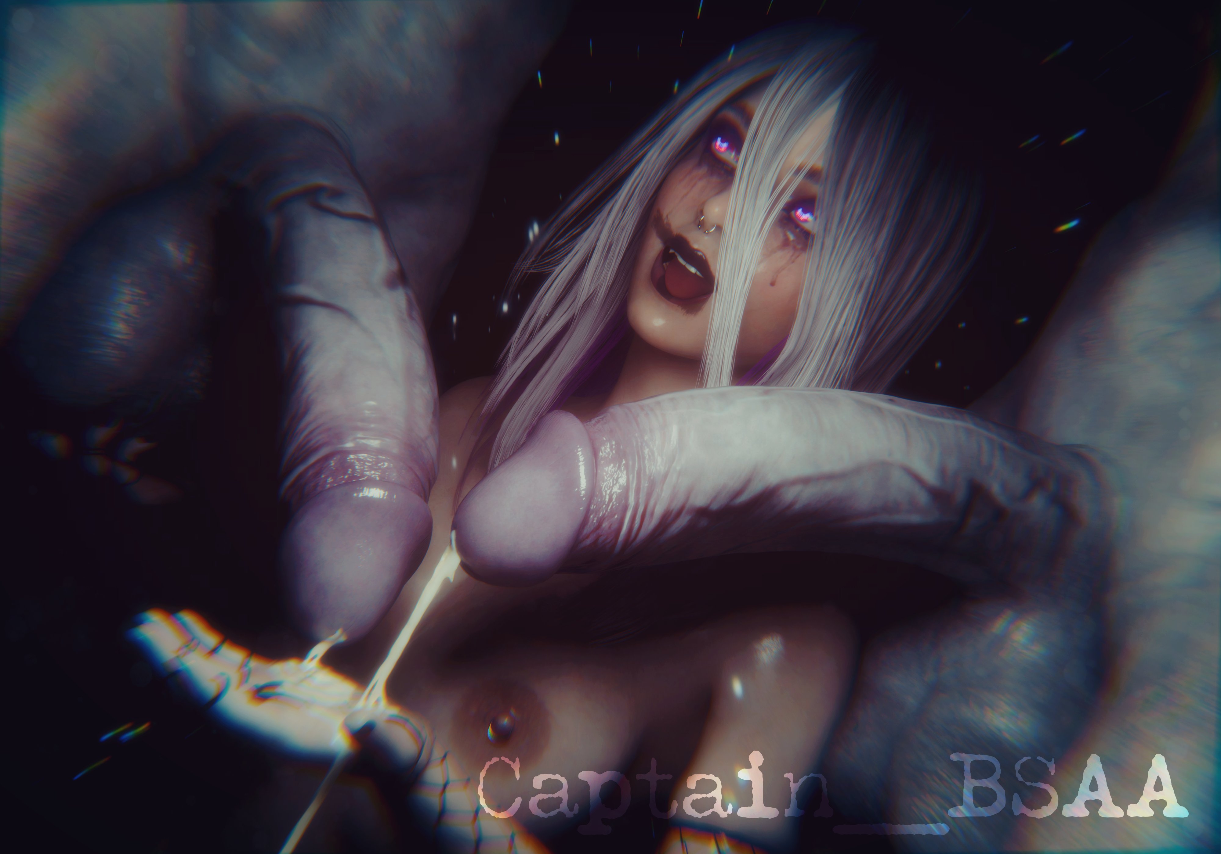 1girls, 2026, 2boys, 3d, balls, breasts, captain bsaa, cum, cum on hand, dbd, dead by daylight, erect penis, erection, female, interspecies, light skin, light-skinned female, male, male on female, monster, monster on female, naked, naked female, nipples, nude, penis, purple hair, regenerator, resident evil, resident evil 4, resident evil 4 remake, sable ward, testicles, threesome, tits, tongue, tongue out, unseen male face, white hair