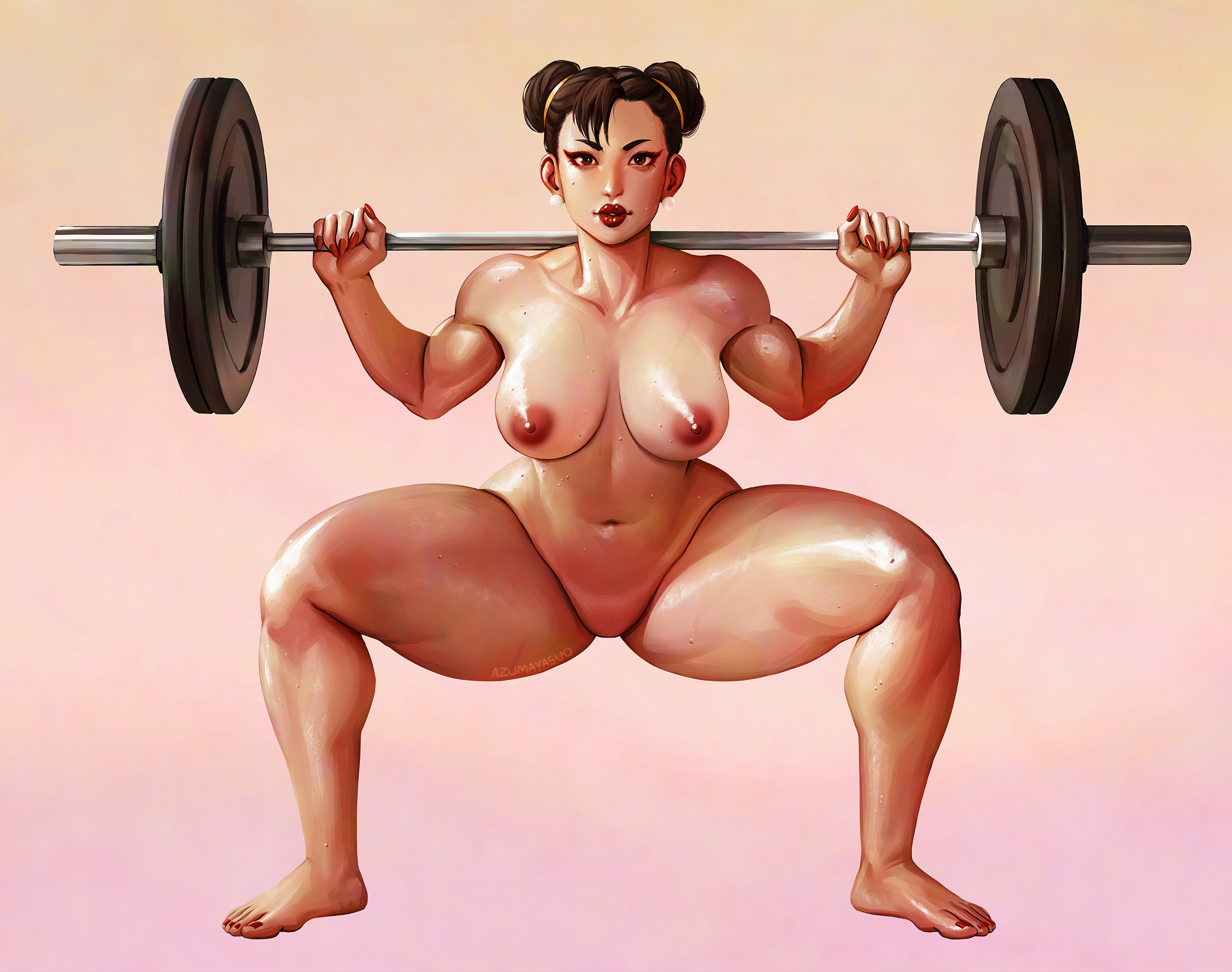 1girls, ass, azuma yasuo, azumaarts, big ass, big breasts, breasts, bunli69, capcom, chun-li, female, female only, squatting, street fighter, thick thighs
