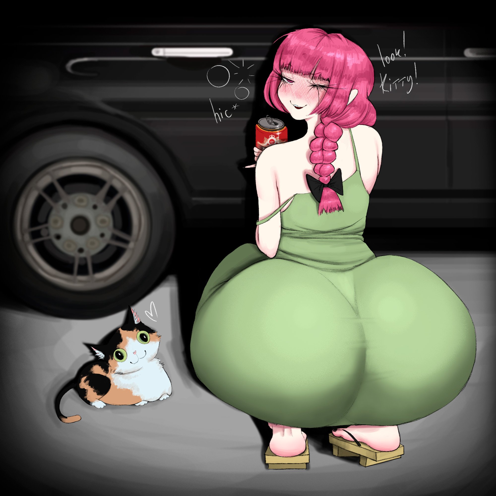 1animal, 1cat, 1girls, 1human, 2d, 2d (artwork), adych, animal, anime, anime girl, ass, ass focus, ass in dress, back view, bare shoulders, big ass, big butt, blush, blush lines, blushing, blushing female, bocchi the rock!, butt, butt focus, cat, clothed, clothed female, collar, dialogue, dress, drunk, drunk bubble, drunk female, english, english text, eyebrows, eyebrows visible through hair, eyelashes, feet, feline, female, female ass, female ass focus, female butt, female only, fully clothed, fully clothed female, gigantic ass, girl ass, green dress, hiroi kikuri, holding, holding can, holding drink, holding object, huge ass, human, human female, human only, intoxicated, light skin, light-skinned female, onomatopoeia, open mouth, open mouth smile, open-mouth smile, parted lips, rear view, sandals, shoulders, sketch, smile, smiling female, solo, solo female, teeth showing, text, viewed from behind, wide hips