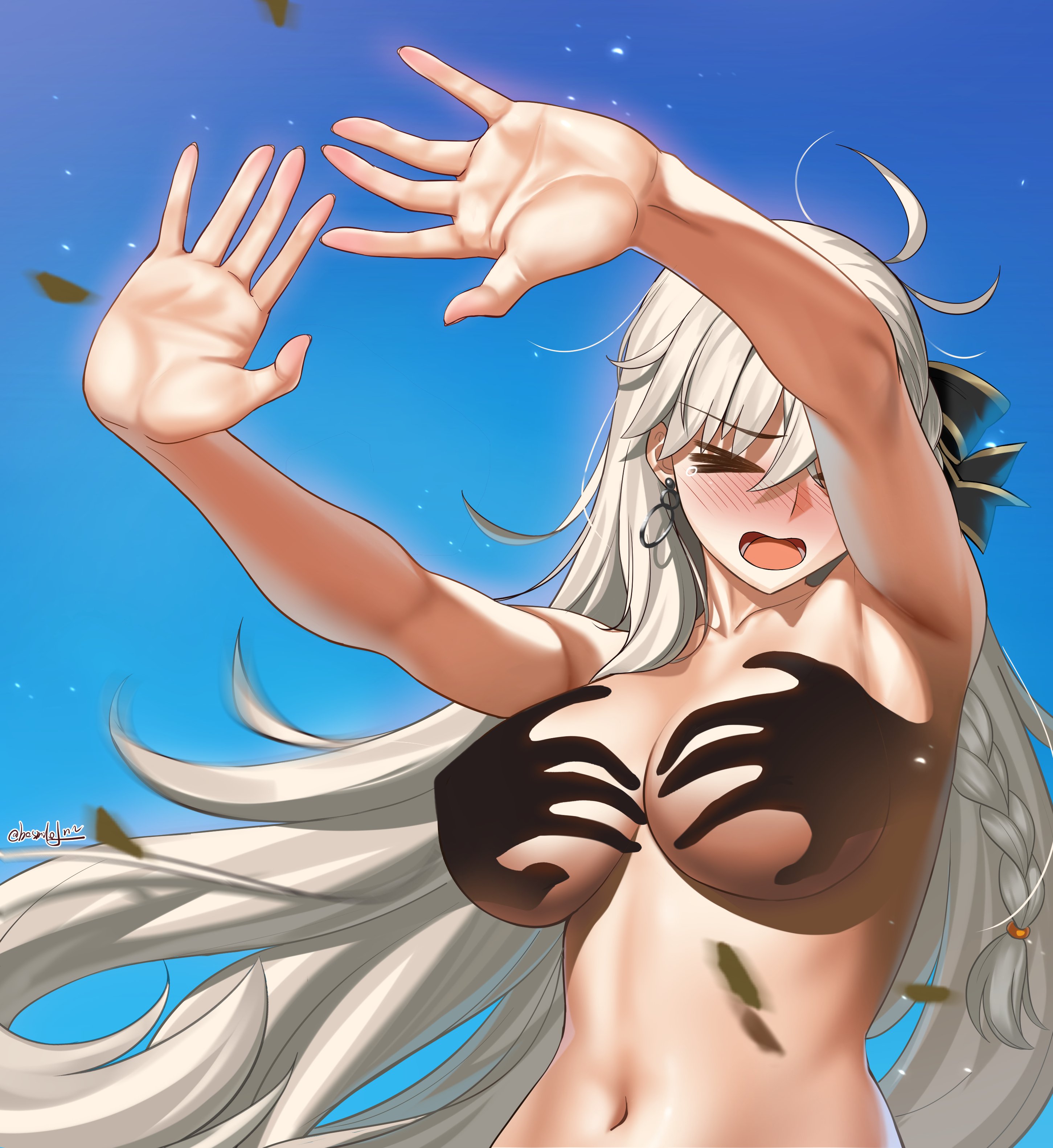 besmiled, big breasts, breasts, eyes closed, fate (series), fate/grand order, hair ribbon, hand shadow covering breasts (meme), hands casting shadow, leaves, leaves in wind, nude, olga marie animusphere, shadow, white hair