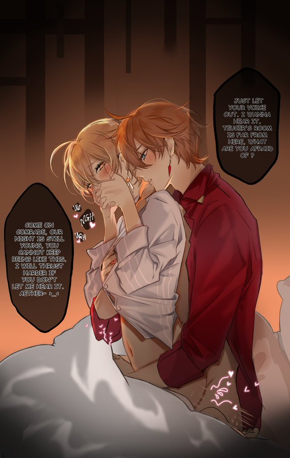 aether (genshin impact), childe (genshin impact), english text, gay, genshin impact, male, male only, moaning, tagme, tartaglia (genshin impact), yaoi