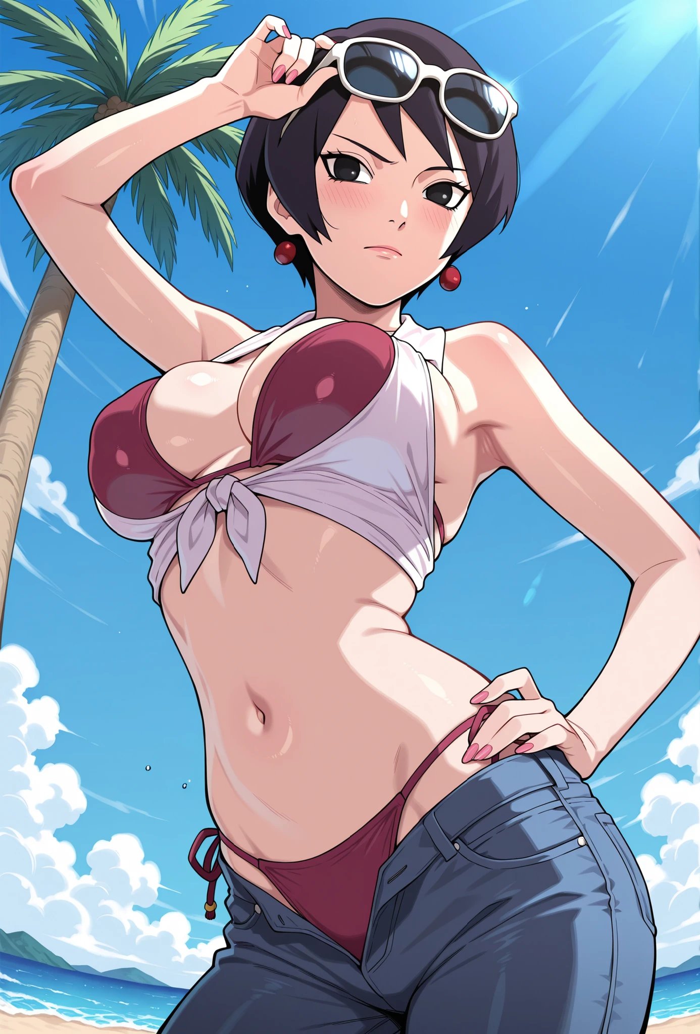 1girls, adjusting sunglasses, ai generated, ass, bare legs, bare shoulders, beach, big ass, bikini, bikini bottom, bikini top, black eyes, black hair, boruto: naruto next generations, breasts, cleavage, curvaceous, curvy, curvy figure, denim, female, hand on hip, kurotsuchi, mature, mature female, medium breasts, milf, narugirlshot, naruto, naruto (series), navel, open fly, outdoors, petite, pinup, posing, revealing clothes, revealing swimsuit, seaside, shirt, short hair, shorts, side-tie bikini, skimpy, skimpy bikini, skimpy clothes, solo, sunglasses, sunglasses on head, swimsuit, tied shirt, upper body, waves, wet, wet body, wet shirt, wet skin