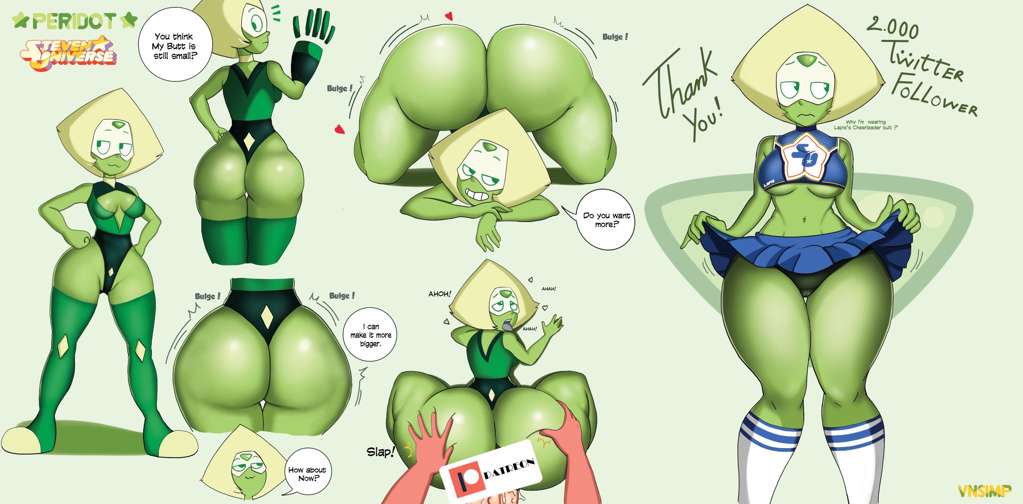 1girls, artist name, ass, ass expansion, big ass, breasts, bubble ass, bubble butt, busty, cartoon network, cheerleader uniform, eyes, female, gem (species), green body, green eyes, green skin, hips, huge ass, humanoid, legs, medium breasts, peridot (steven universe), steven universe, thick, thick ass, thick legs, thick thighs, thighs, vn simp, wide hips