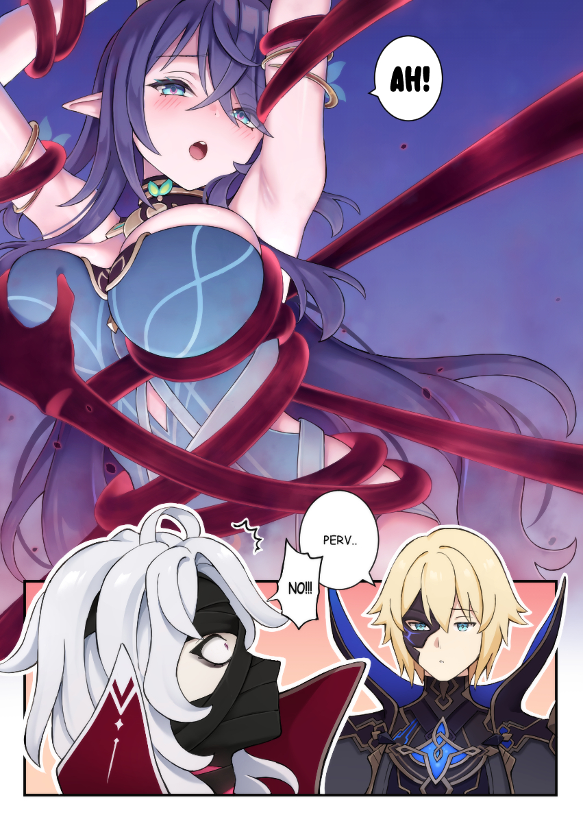 arms above head, arms up, blonde hair, blush, bondage, breasts, cleavage, dainsleif (genshin impact), dialogue, english text, female, femsub, genshin impact, groping, groping breasts, harder, horns, krezenta, large breasts, lauma (genshin impact), long hair, looking at viewer, male, male/female, maledom, mask, rerir (genshin impact), restrained, shibari, shibari bondage, shibari over clothes, short hair, speech bubble, tagme, tentacle, tentacle hands, text, white hair