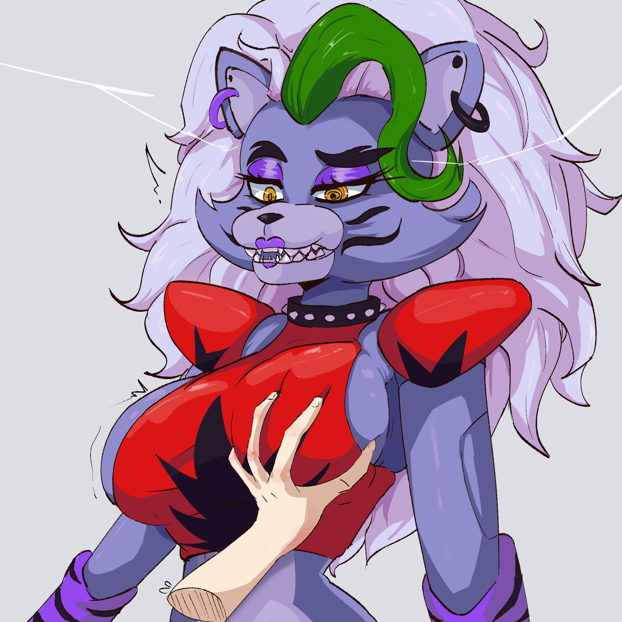 1girls, animatronic, anthro, big breasts, blue eyes, breast grab, breasts, canid, canid humanoid, canine, canis, clothing, disembodied hand, female, female focus, female only, five nights at freddy's, five nights at freddy's: security breach, furry, green hair, grey fur, human, josebonn, mammal, robot, robot girl, roxanne wolf (fnaf), scottgames, soft breasts, wolf girl