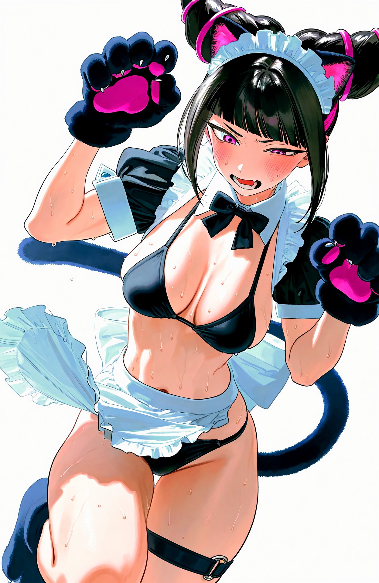 1girls, ai assisted, black hair, cat tail, hoshino akarii, juri han, maid, street fighter, tagme