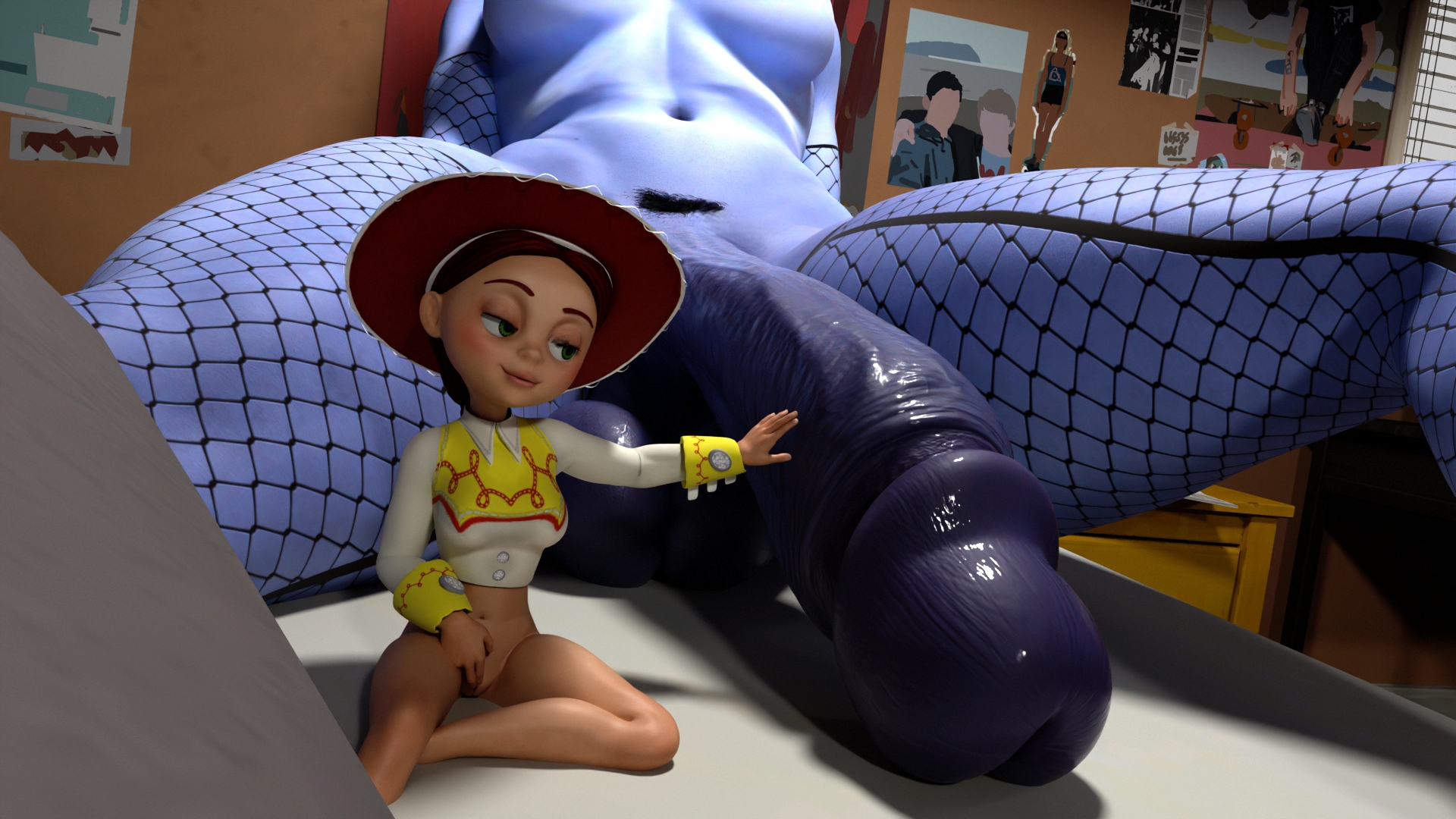 3d, cowgirl, crossover, fingering pussy, futa giantess, futanari, giantess, hairy penis, jessie (toy story), looking at penis, lying, lying on back, lying on bed, nyl widowmaker, overwatch, pubic hair, saggy balls, size difference, toy story, veiny penis, widowmaker