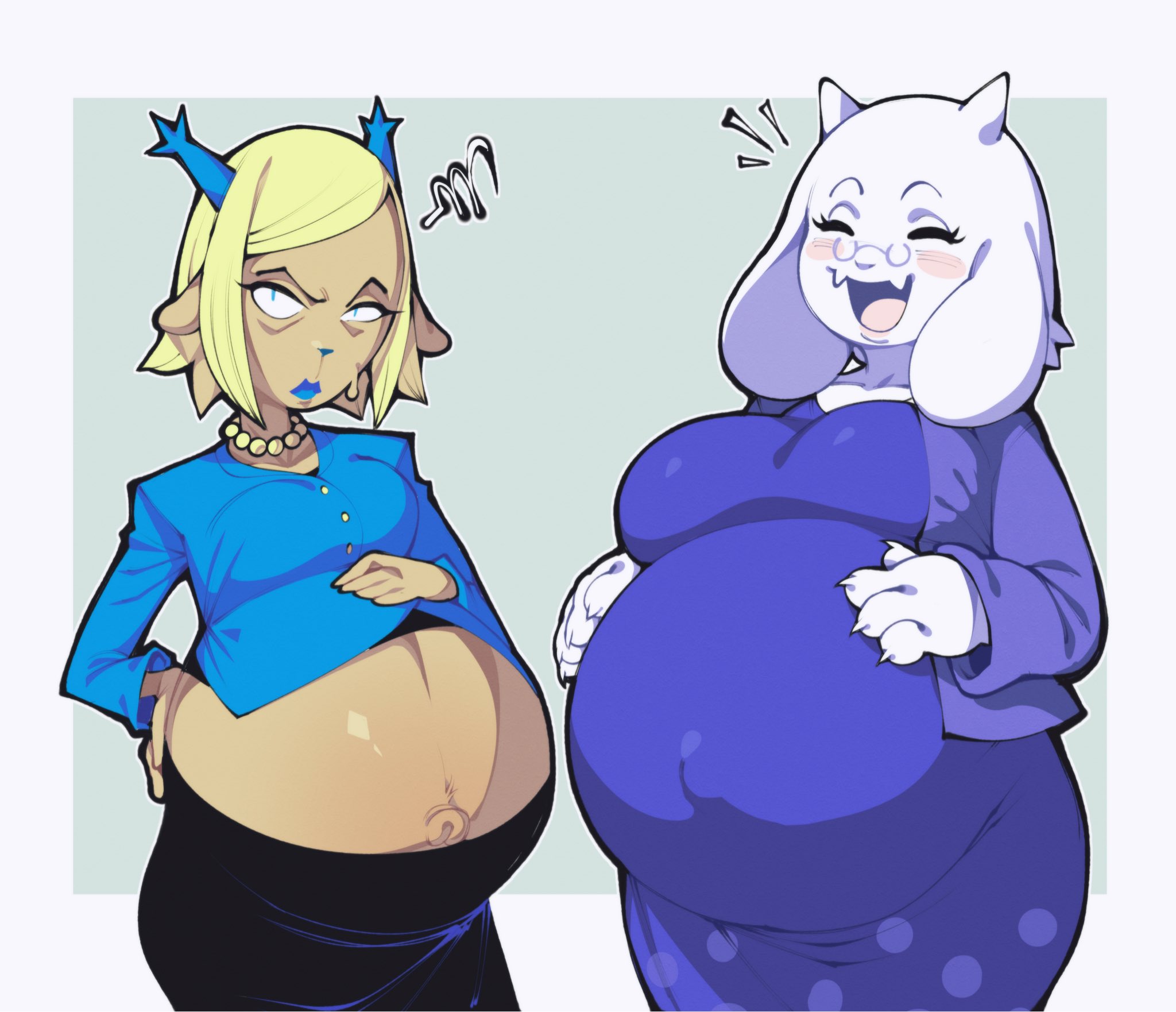 2girls, anthro, antlers, big breasts, blonde hair, blue eyes, blue lips, blue lipstick, blue shirt, bottomwear, breasts, carol holiday, closed eyes, deer, deer girl, deltarune, dress, eyebags, eyewear, female, female only, hand on belly, hand on hip, hellbrain, lips, lipstick, maternity clothes, maternity dress, mature, mature female, mature woman, milf, mother, necklace, neckwear, open mouth, pearl necklace, plump, pregnancy, pregnant, pregnant belly, pregnant female, purple dress, shirt, smile, topwear, toriel, undertale, undertale (series), voluptuous, voluptuous female, white body, white skin