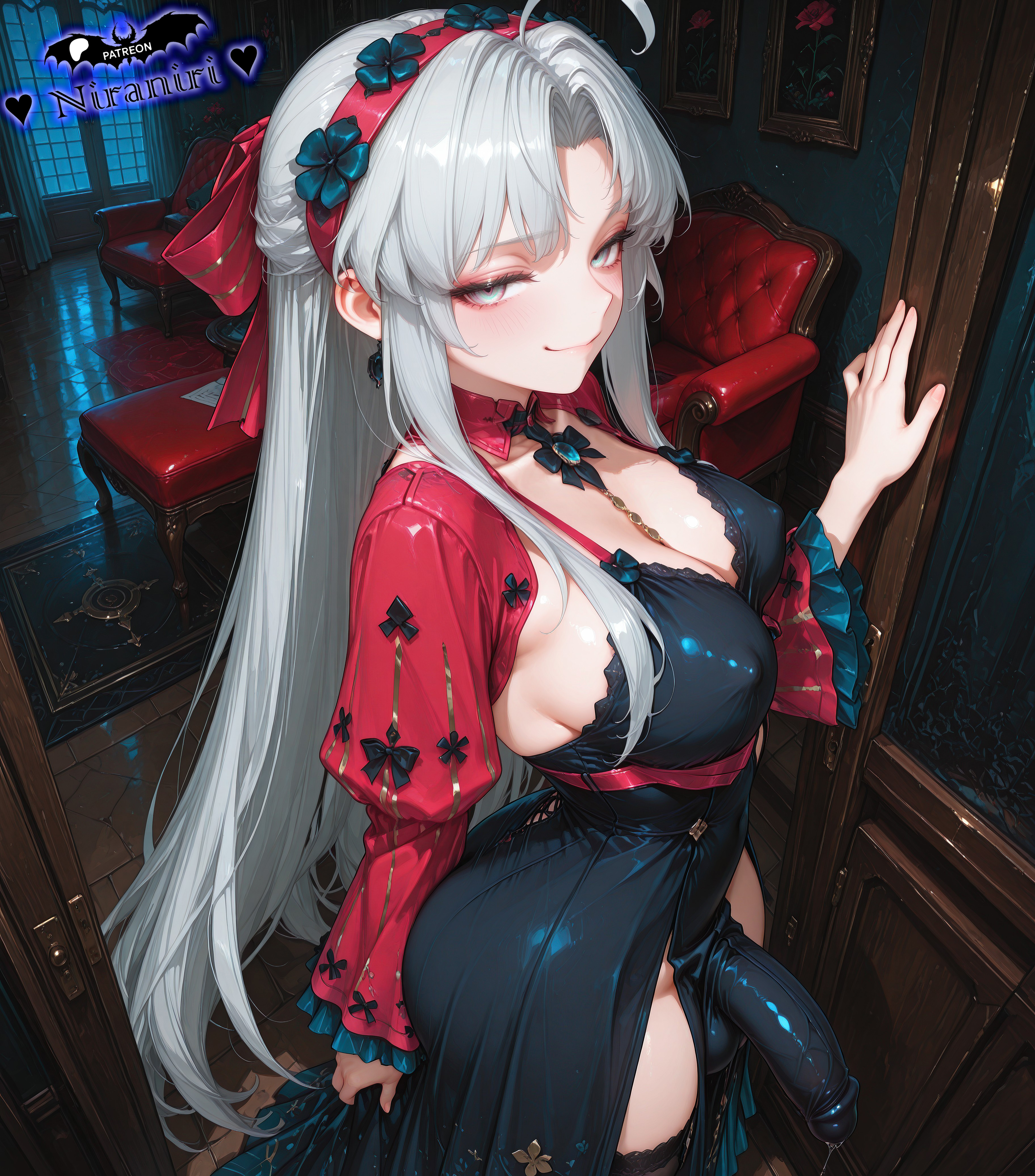 ai generated, carlotta (wuthering waves), covered penis, dress, from above, futanari, grey hair, half-erect, night, niraniri, smug, wuthering waves