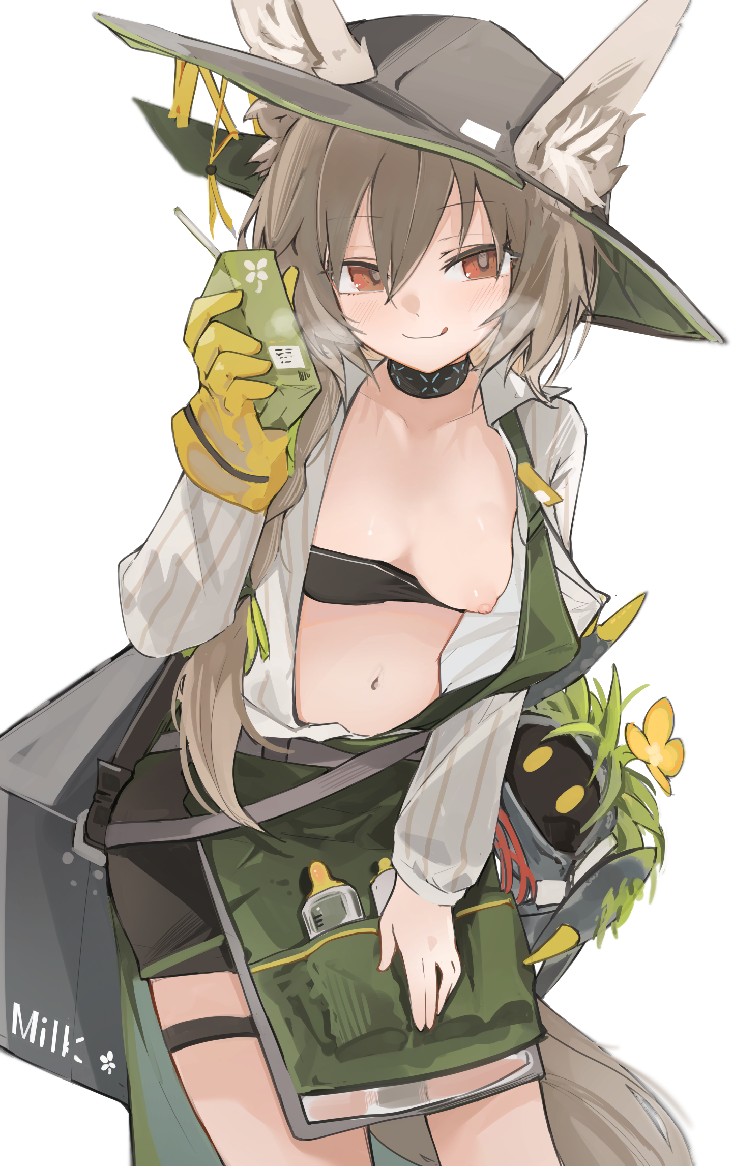 :d, 1girls, animal ears, areolae, arknights, beanstalk (arknights), blush, bra, breast outside, breasts, exposed breasts, female, female only, gloves, hair between eyes, half-closed eyes, hat, heavy breathing, highres, juice box, midriff, mikozin, navel, nipples, open clothes, partially clothed, puffy nipples, red eyes, seductive, small breasts, smug, solo, standing, tail, tongue, tongue out, uniform, white background