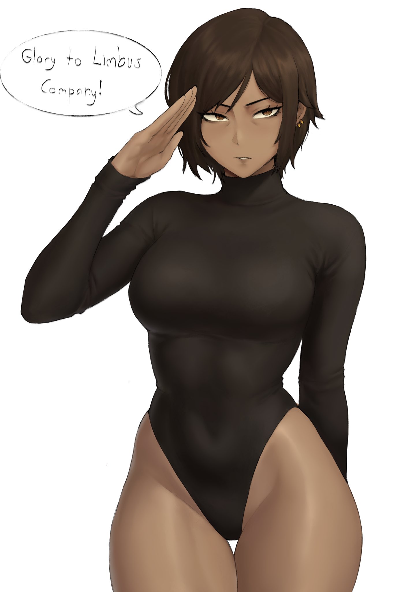 brown eyes, brown hair, dark-skinned female, dialogue, english dialogue, english text, female, female only, leotard, limbus company, meruzis, outis (limbus company), project moon, salute, saluting, simple background, solo, text, tight clothing, white background, wide hips
