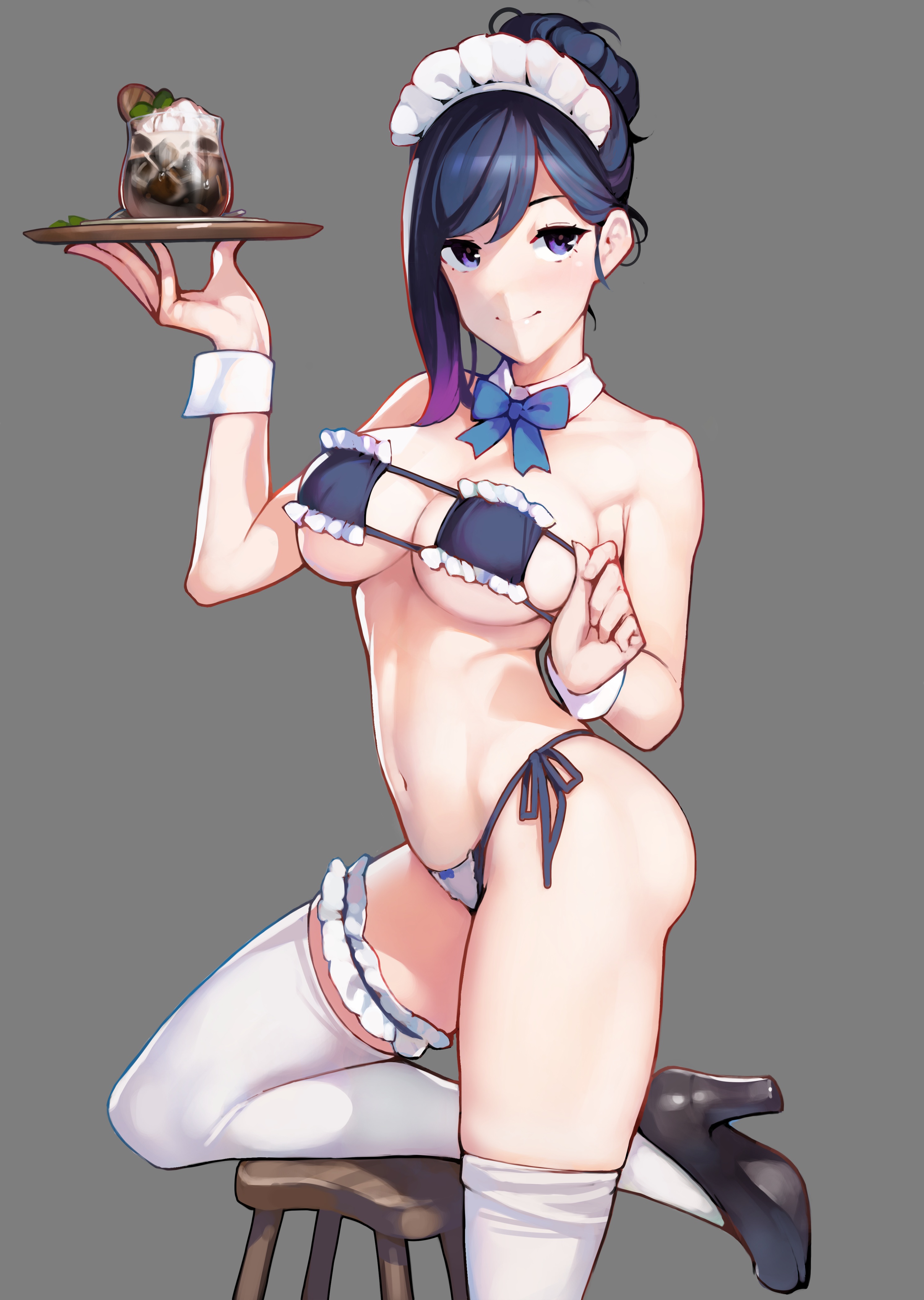 1girls, ataruman, bikini, breasts, cleavage, drink, eyepatch bikini, female, grey background, hair bun, large breasts, long hair, maid, pose, serving tray, thighhighs, underboob