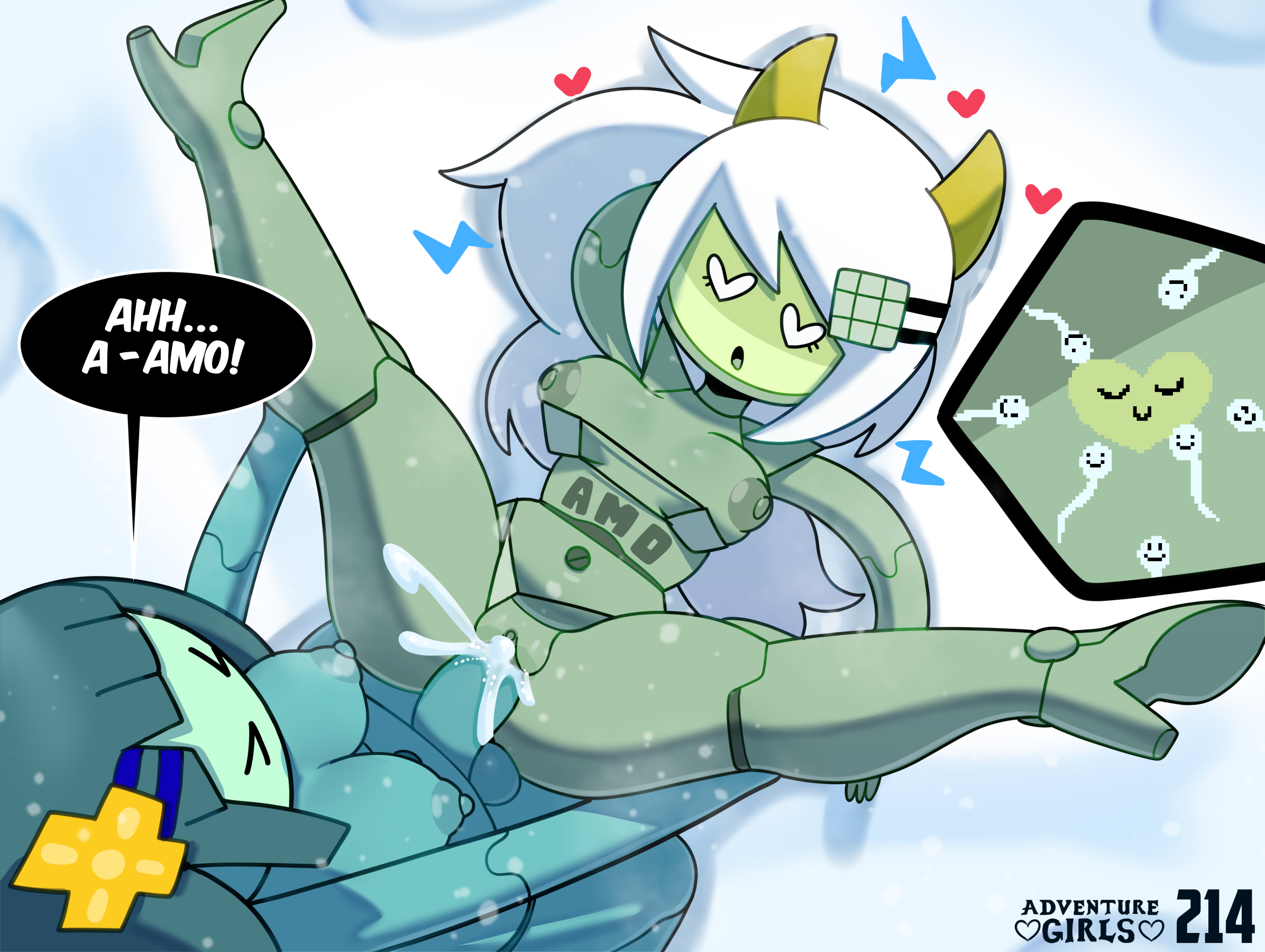 1futa, 1girls, 2022, adventure girls, adventure time, amo (adventure time), areolae, balls, big breasts, big penis, bmo, breasts, cartoon network, cum, cum in pussy, cum inside, duo, ejaculation, english text, erection, female, futa on female, futanari, heart-shaped pupils, high-angle view, highres, humanoid, humanoid penis, impregnation, intersex, legs up, long hair, nipples, nude, on stomach, orgasm, ovum, ovum with face, penis, pussy, robot, sex, somescrub, sperm cell, sperm cell with face, spread legs, standing, text, thick thighs, vaginal penetration, white hair, x-ray