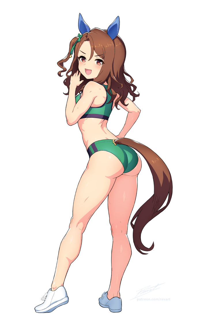 1girls, ass, breasts, brown hair, female, first rate uma, horse ears, horse girl, horse tail, king halo (umamusume), looking at viewer, looking back, revenantart, short hair, solo, sports bra, toned, track uniform, umamusume, umamusume pretty derby, white background