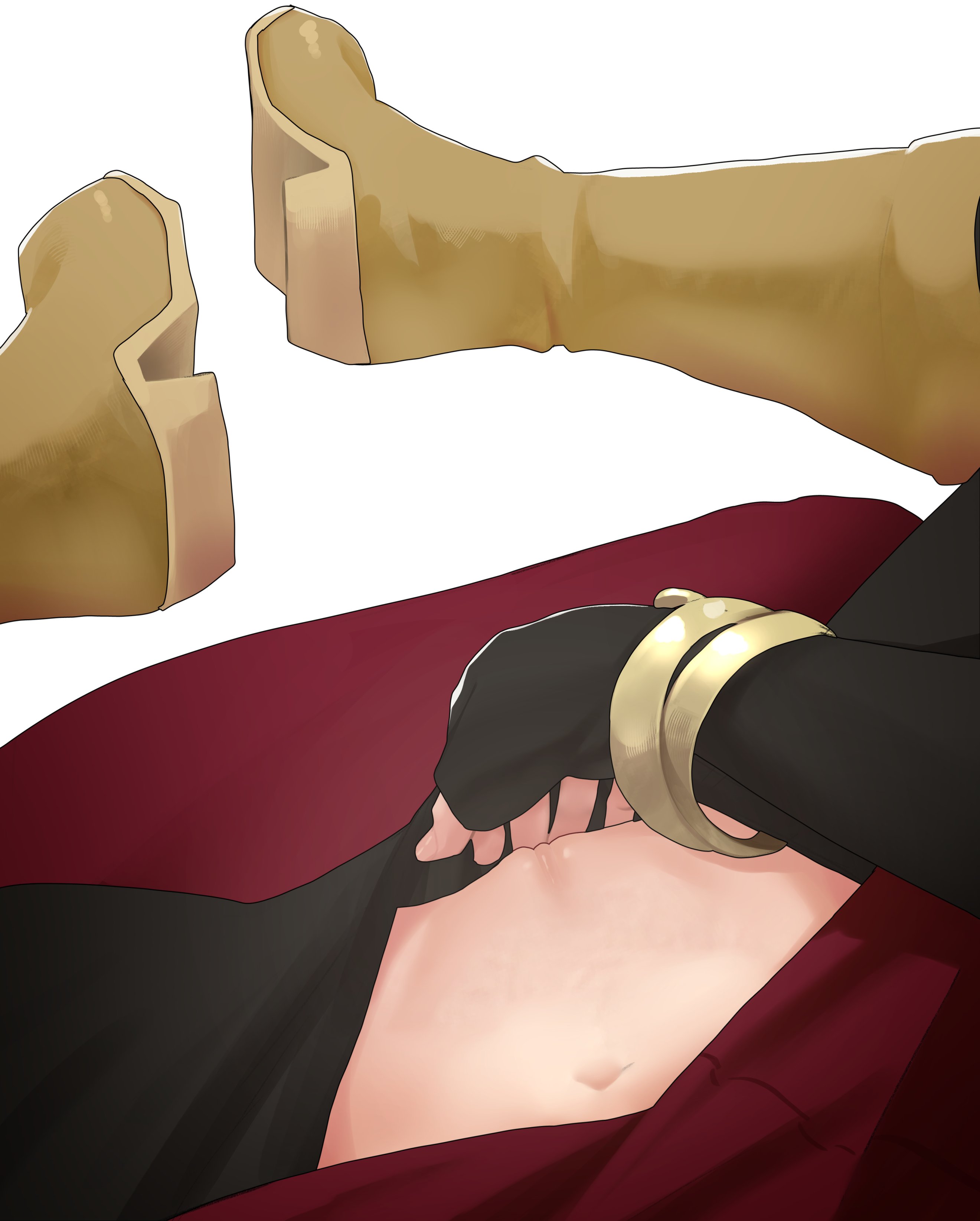 1girls, absurdres, black gloves, boots, bracelet, elbow gloves, female, female masturbation, female only, female pov, fingering, fingerless gloves, fire emblem, fire emblem: radiant dawn, gloves, head out of frame, highres, jewelry, legs up, masturbation, micaiah (fire emblem), navel, nintendo, no panties, pantyhose, pomelomelon, pov, pussy, red skirt, simple background, skirt, solo, uncensored, white background, yellow boots