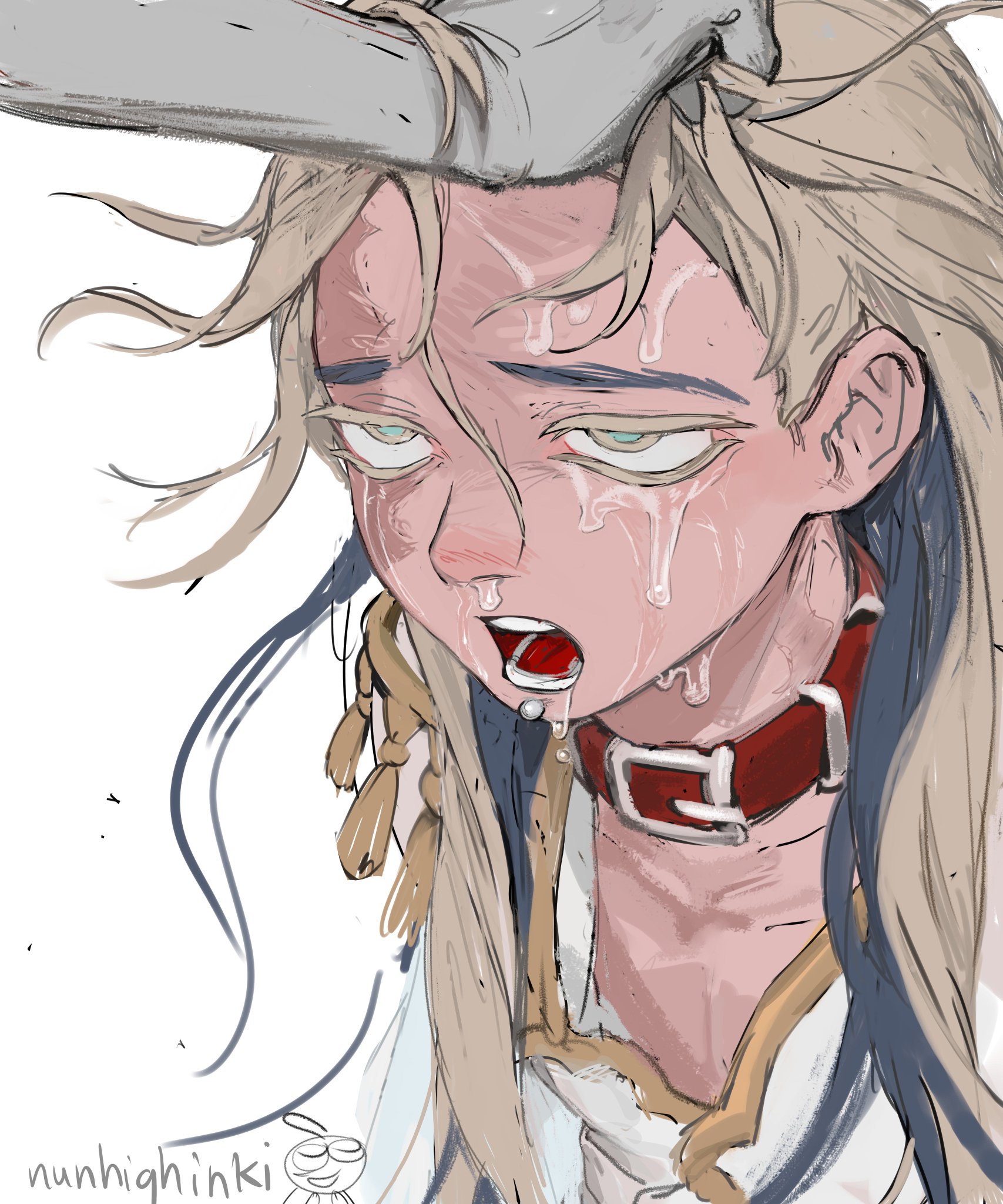collar, gachiakuta, male only, open mouth, ruffling hair, sweat, tamsy caines, unbuttoned shirt