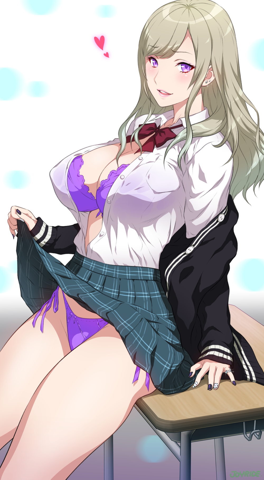 1girls, bow, desk, female, gyaru, joy ride, multicolored nail polish, multicolored nails, nail polish, open shirt, original, panties, purple nails, purple panties, red bow, side tie panties, sitting, sitting on desk, skirt, skirt lift, solo, thighs, uniform, white nails