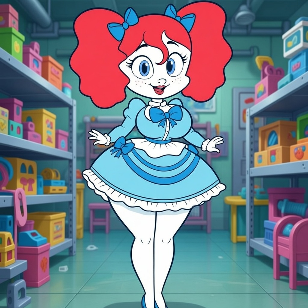 aged up, ai generated, big breasts, blue dress, blue eyes, breasts, dress, freckles, freckles on face, happy, high heels, hips, looking at viewer, nsfwez (artist), open mouth, open smile, poppy (poppy playtime), poppy playtime, red hair, red lipstick, ribbons, smile, smiling, smiling at viewer, tagme, thick thighs, thighs, twintails, white body, white skin, wide hips