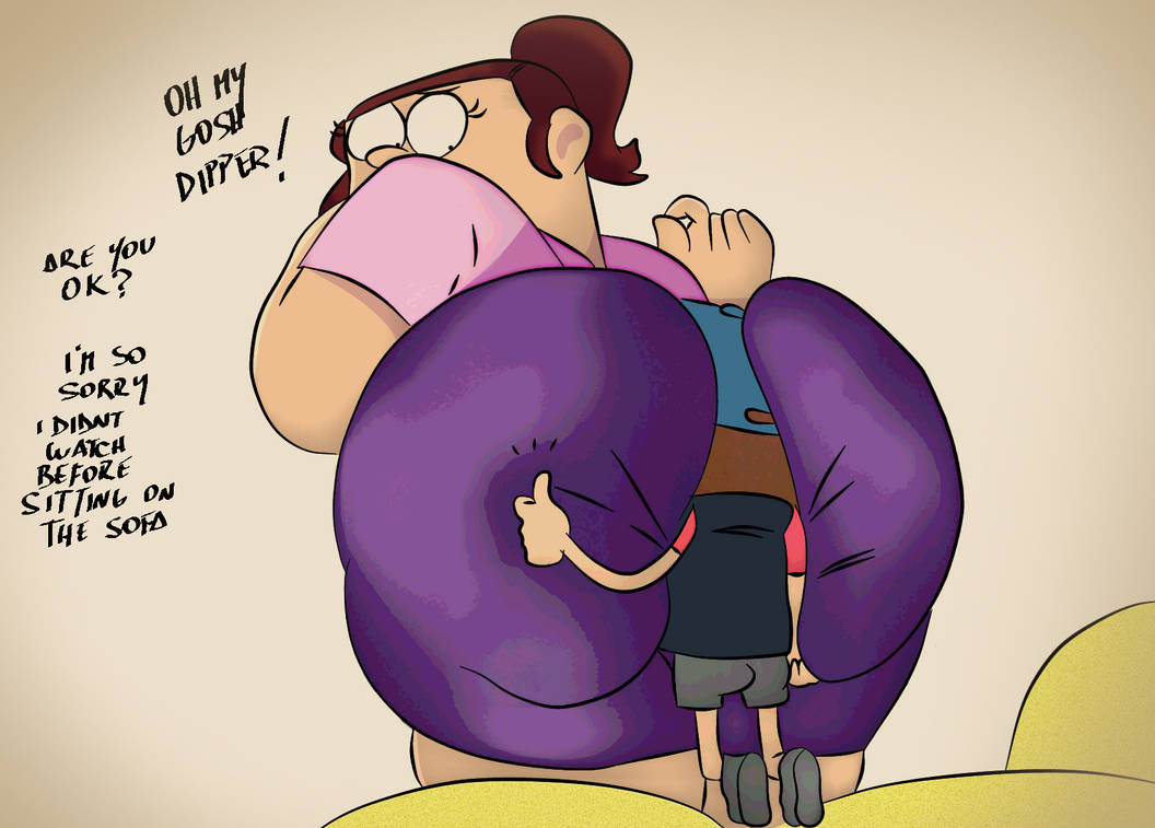 1boy1girl 1female 1male accidental_facesitting ass big_ass brown_hair buttcrush colored dialogue dipper_pines disney_channel disney_xd edited face_in_ass facesitting female gravity_falls grenda_grendinator huge_ass looking_back male pokachu simple_background sitting_on_person size_difference smothering smothering_ass stuck_in_ass text thumbs_up