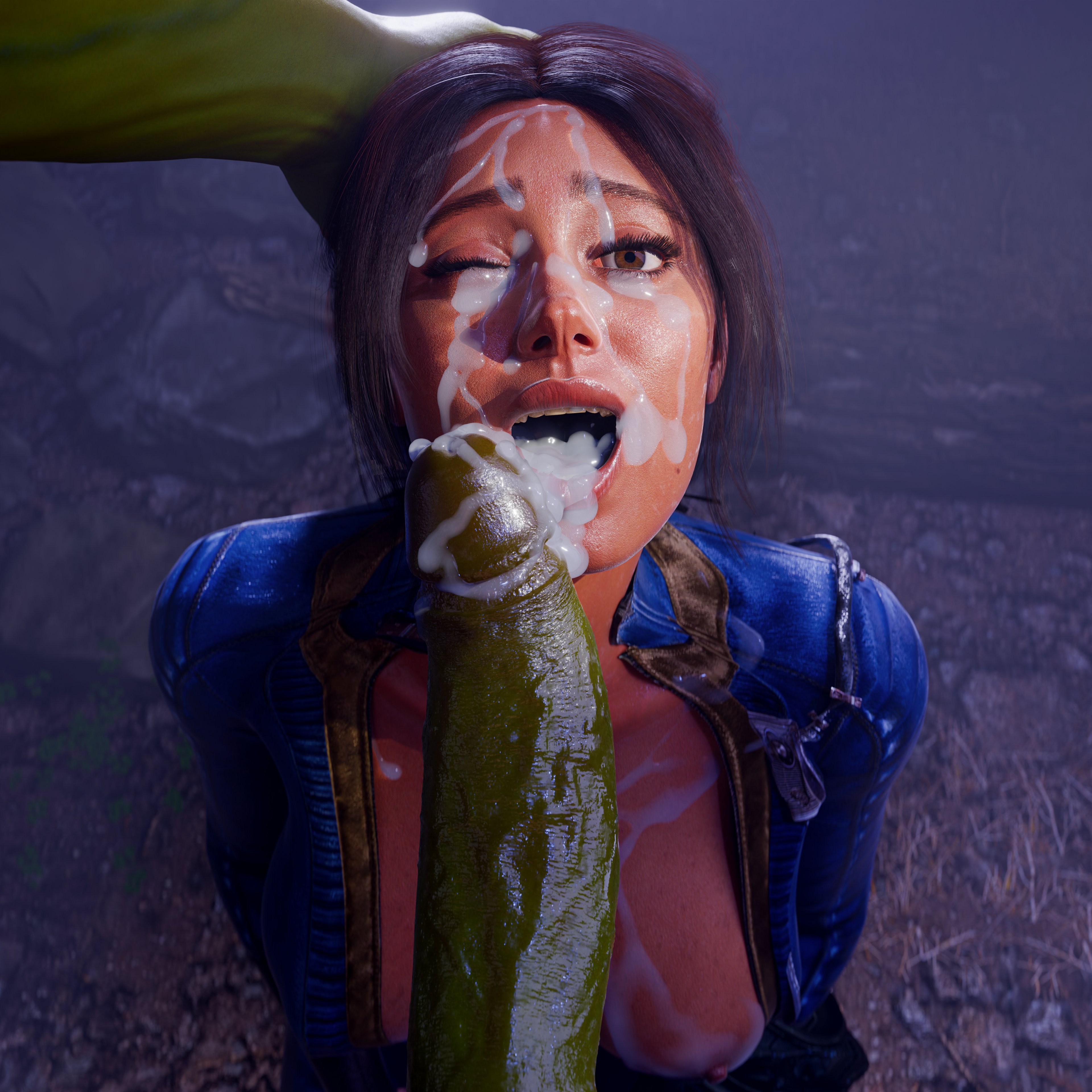 1boy, 1girls, 3d, breasts, cum, cum in mouth, cum on breasts, cum on face, dom3d, ella purnell, fallout, fallout (series), fallout (tv series), female, green skin, green-skinned male, lucy maclean, monster, monster cock, nipples, super mutant, tagme, vault suit