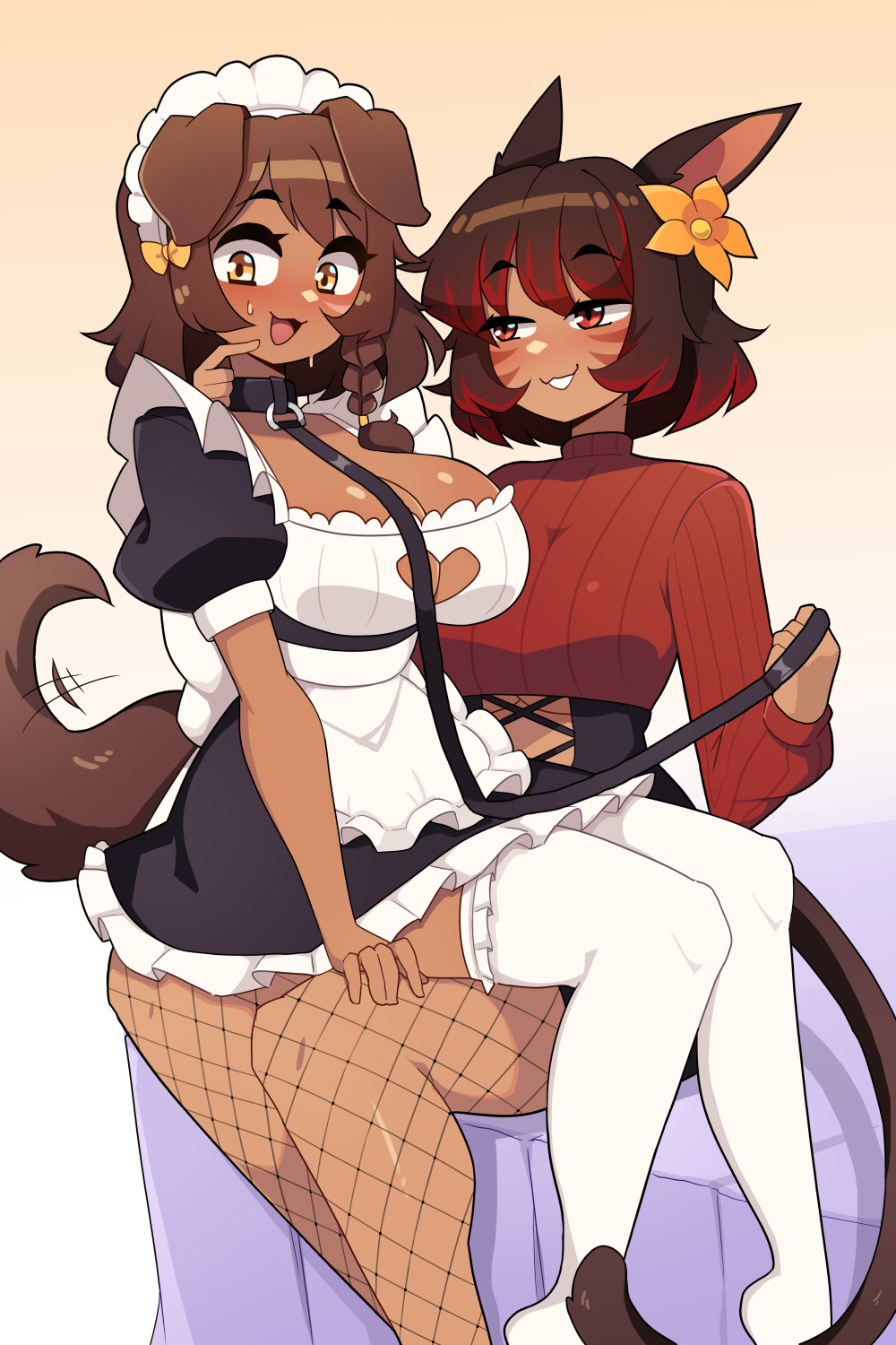 2girls, amber eyes, big breasts, black hair, blush, brown hair, cat ears, cat tail, catgirl, cleavage, collar, commission, dog ears, dog girl, dog tail, female, female only, female/female, fishnet legwear, fishnets, flower in hair, grin, hi res, highlights (coloring), j5daigada, leash, maid, maid headdress, maid uniform, red eyes, red highlights, sitting, sitting on lap, smile, tail, thighhighs, white thighhighs, yuri