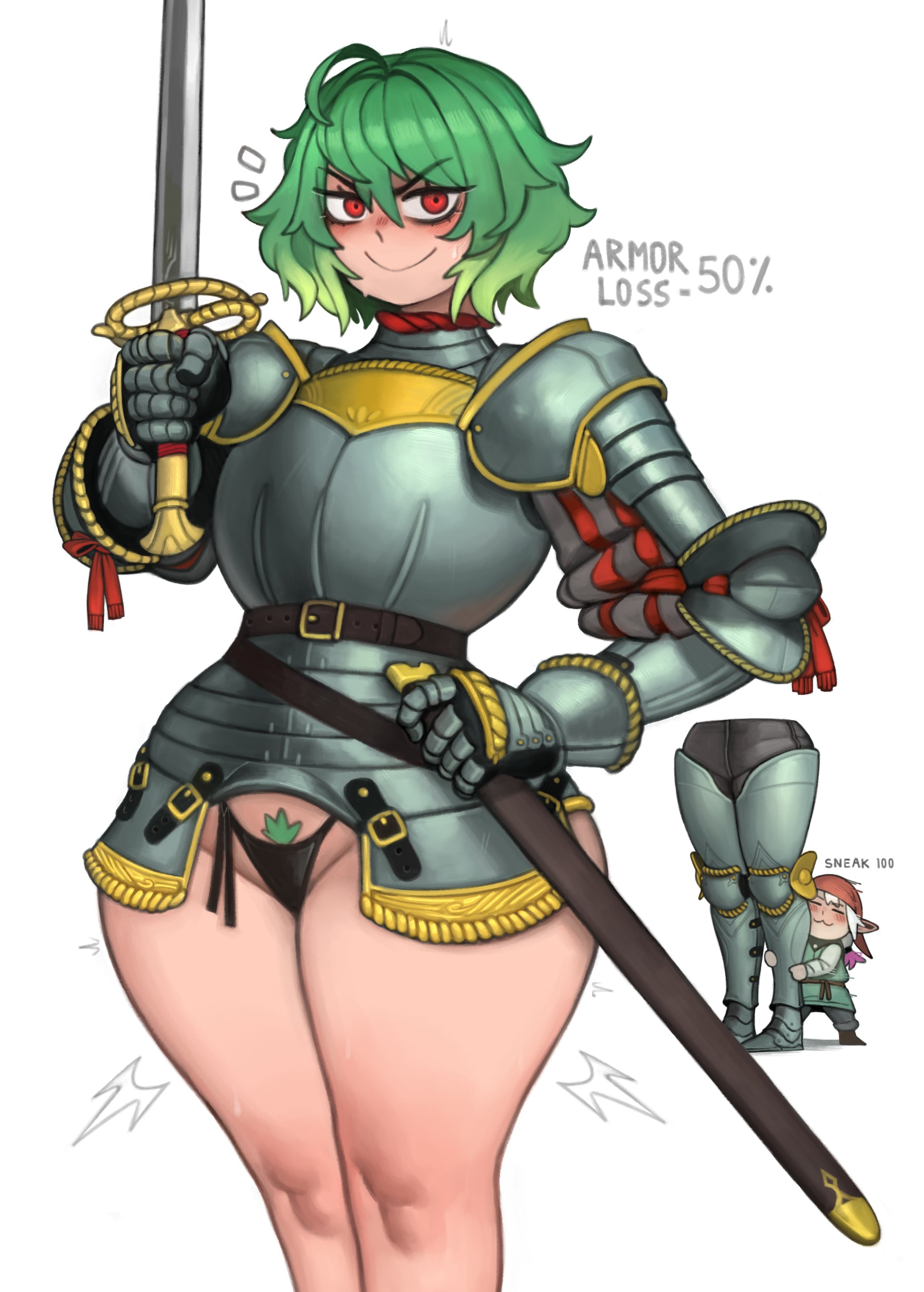 1girls, 2026, 2d, 2d (artwork), 2d artwork, armor, ass, black panties, blush, blush lines, blushing, blushing at viewer, bottomless, breasts, female, female knight, green hair, hair, high resolution, hugging, kelvin hiu, knight, knight armor, lips, looking at viewer, original, original character, panties, pants, plate armor, pubes, red hair, reycall sounds, sheath, sweat, sword, tagme, weapon