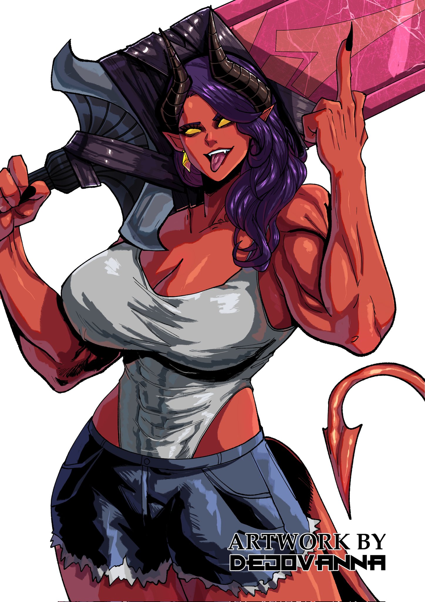1girls, artist name, australian, australian female, big ass, big breasts, big sword, big thighs, breasts, curvaceous, curvy, curvy figure, dejovanna, demon, demon girl, demoness, digital media (artwork), dispatch (game), female, flipping off, half demon, half-demon, hips, hourglass figure, legs, malevola gibb, mature, mature female, melee weapon, middle finger, muscular female, red body, red skin, red-skinned female, slim waist, sword, tagme, thick, thick hips, thick legs, thick thighs, thighs, voluptuous, waist, weapon, wide hips