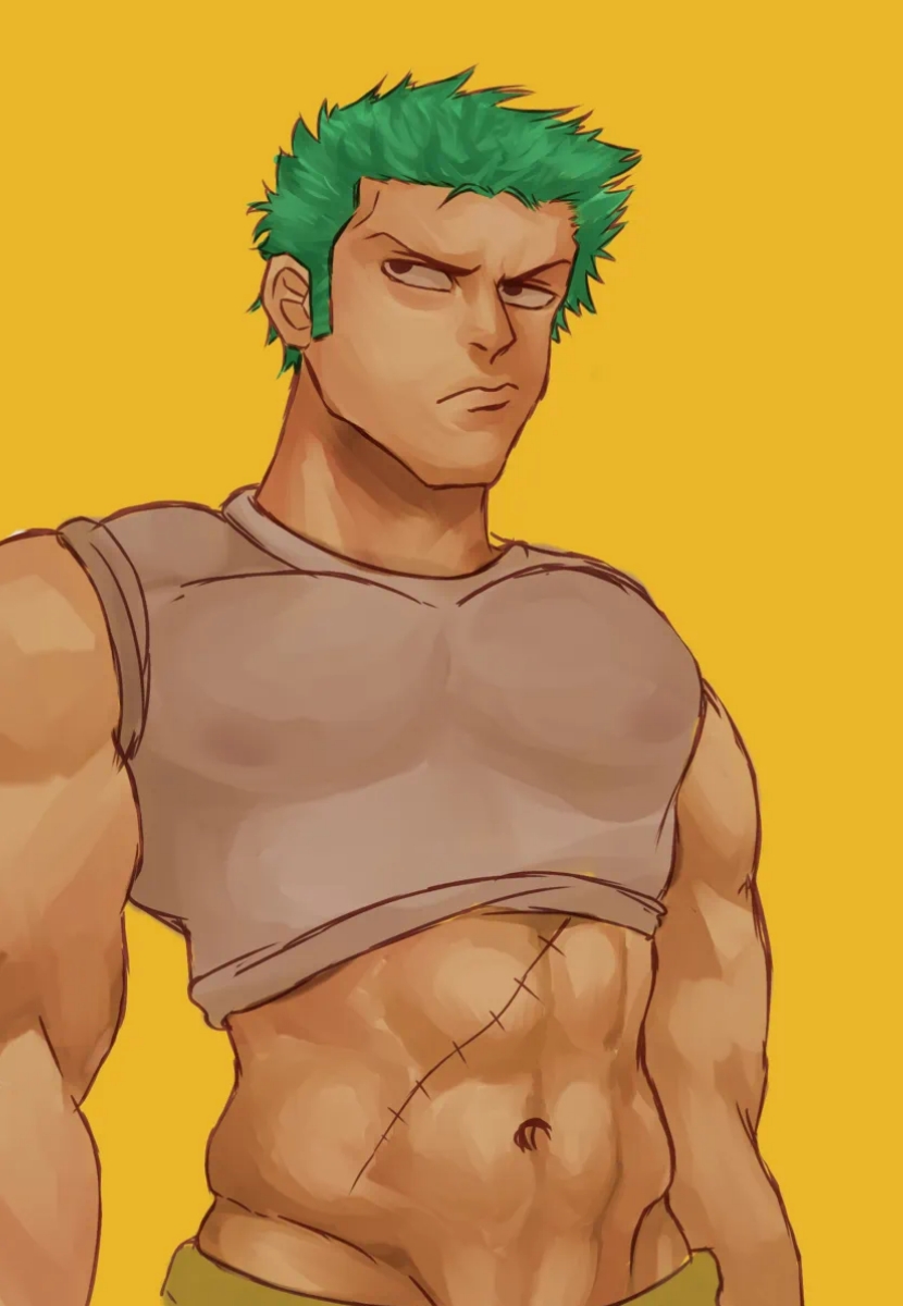 1boy abs bara bara_body bara_tiddies bara_tits barazoku beefy bigger_male broad_shoulders defined_muscles exibitionism frown frowning_at_viewer gay green_hair half_nude haramaki hunk japanese_male larger_male lifting_shirt looking_away male male_focus manly masculine_male muscles muscular muscular_male no_visible_genitalia one_piece pecs pectoral_bulge pectorals pirate pre-timeskip pretending_not_to_like_it roronoa_zoro scar scar_on_chest shirt_lift six_pack solo solo_focus solo_male tall_male taller_male tough_guy unknown_artist yaoi
