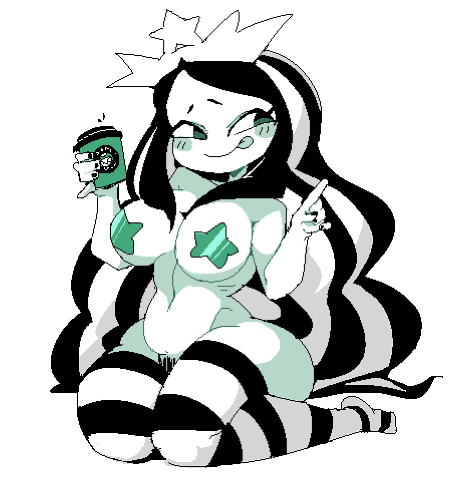 black hair, chibi, gountro, monochrome, nipple pasties, pasties, pixel art, pubic hair, pubic hair peek, siren, star pasties, star-shaped pasties, starbucks, starbucks siren, starbucks siren (gashi-gashi redesign), white skin