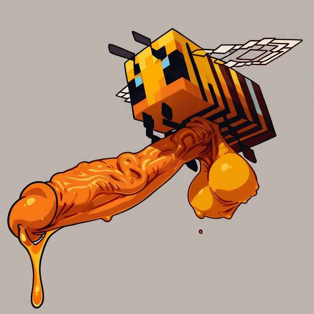 ai, ai generated, antennae (anatomy), ball with hyper features, balls, bee, bee (minecraft), block head, blocky body, cum, cum dripping from penis, disproportionate genitalia, foreskin, honey, honey cum, huge balls, huge cock, hyper penis, insects, large penis, long penis, low hanging balls, male, minecraft, mojang, penis, sagging balls, scrotum, small but hung, solo, stinger, stinger penis, veiny penis, wings