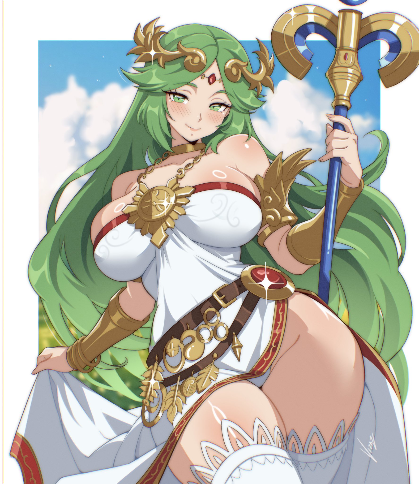 1girls, bangle, bare shoulders, belt, black thighhighs, blush, border, bracelet, breasts, brown belt, closed mouth, commentary, dress, female, female only, floating hair, forehead jewel, gem, glint, gold bracer, green eyes, green hair, hair ornament, highres, holding, holding staff, jewelry, kid icarus, kid icarus uprising, large breasts, legs together, long hair, looking at viewer, neck ring, nintendo, outside border, palutena, panties, red gem, skirt hold, smile, solo, staff, standing, strapless, strapless dress, thighhighs, underwear, very long hair, vizaz, white border, white panties