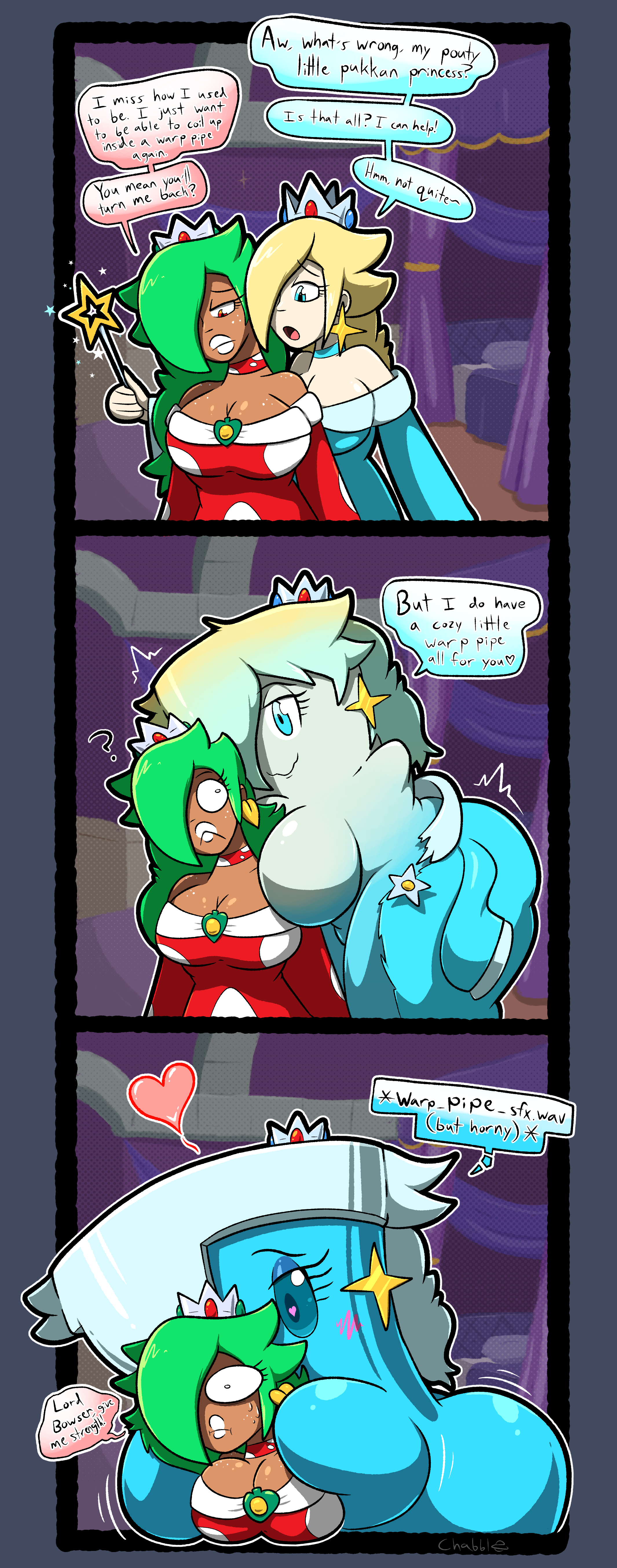 animate inanimate, blonde hair, blue body, blue eyes, breast expansion, chabble, comic, female, green hair, heart-shaped pupils, imminent danger, imminent sex, inanimate transformation, mario (series), piranha plant, post-transformation, princess rosalina, red eyes, super mario bros., tan body, transformation, transformation sequence, twins, warp pipe