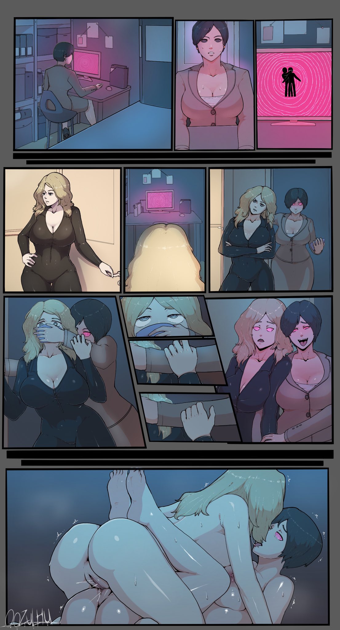 2girls, chloroform, comic, gammanor, hypnosis, hypnotic eyes, latex, lesbian sex, mind break, mind control, nude female, orgasm, room background, saliva string, spy